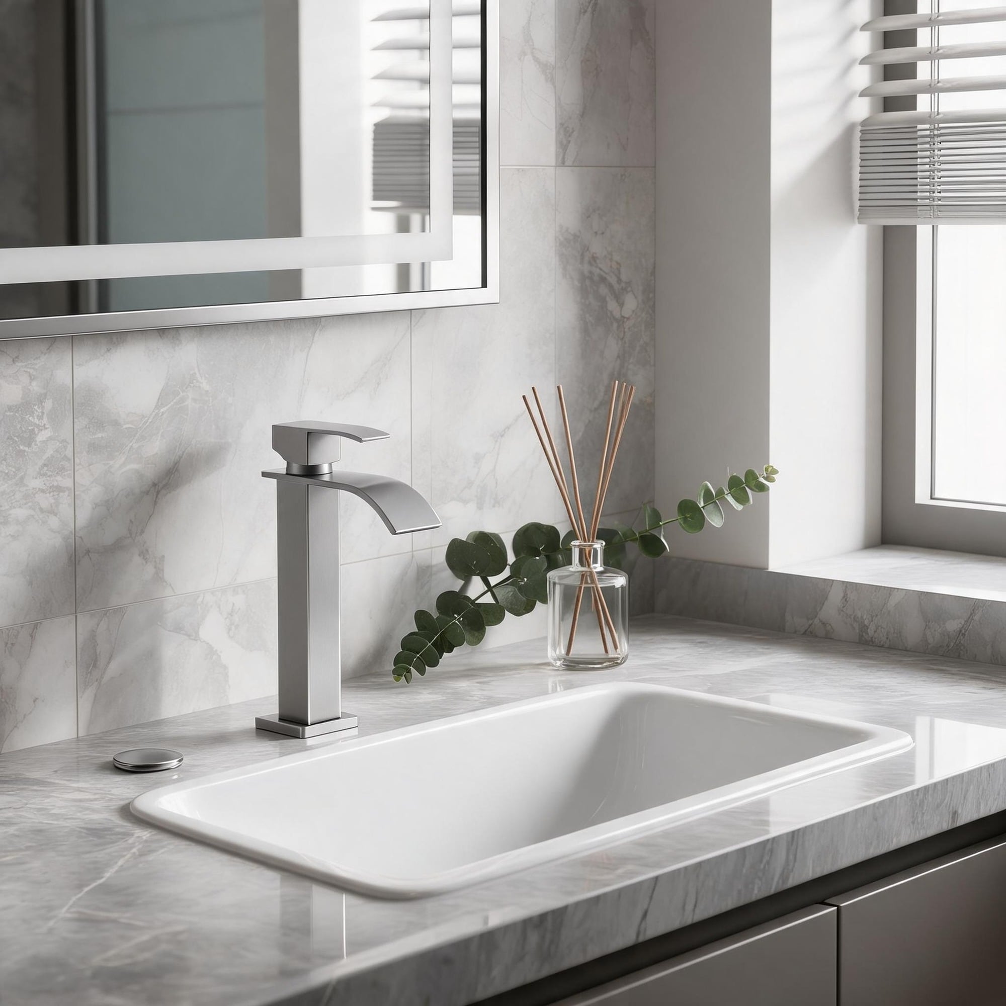 IAK - Brushed Nickel Stainless Steel Waterfall Spout Bathroom Sink Single Handle Faucet with Pop-...