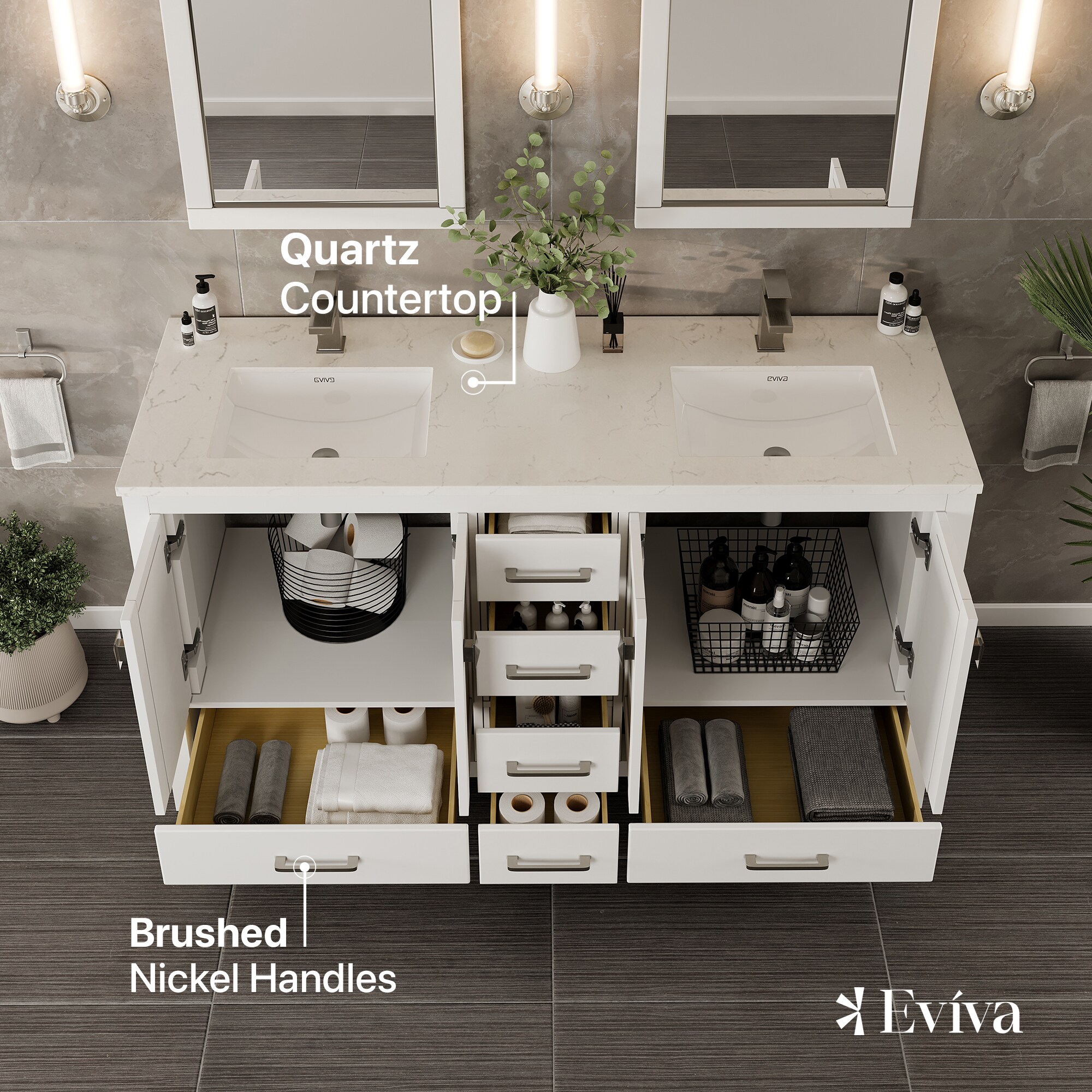 London Double Sink White Bathroom Vanity with Carrara Quartz Countertop