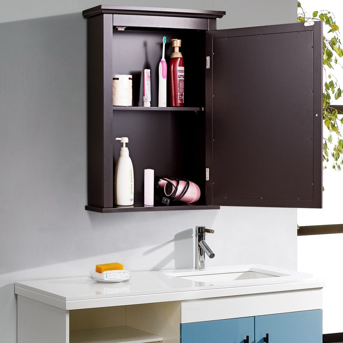 WELLFOR CY 22-in x 27-in Surface Mount Brown Mirrored Medicine Cabinet