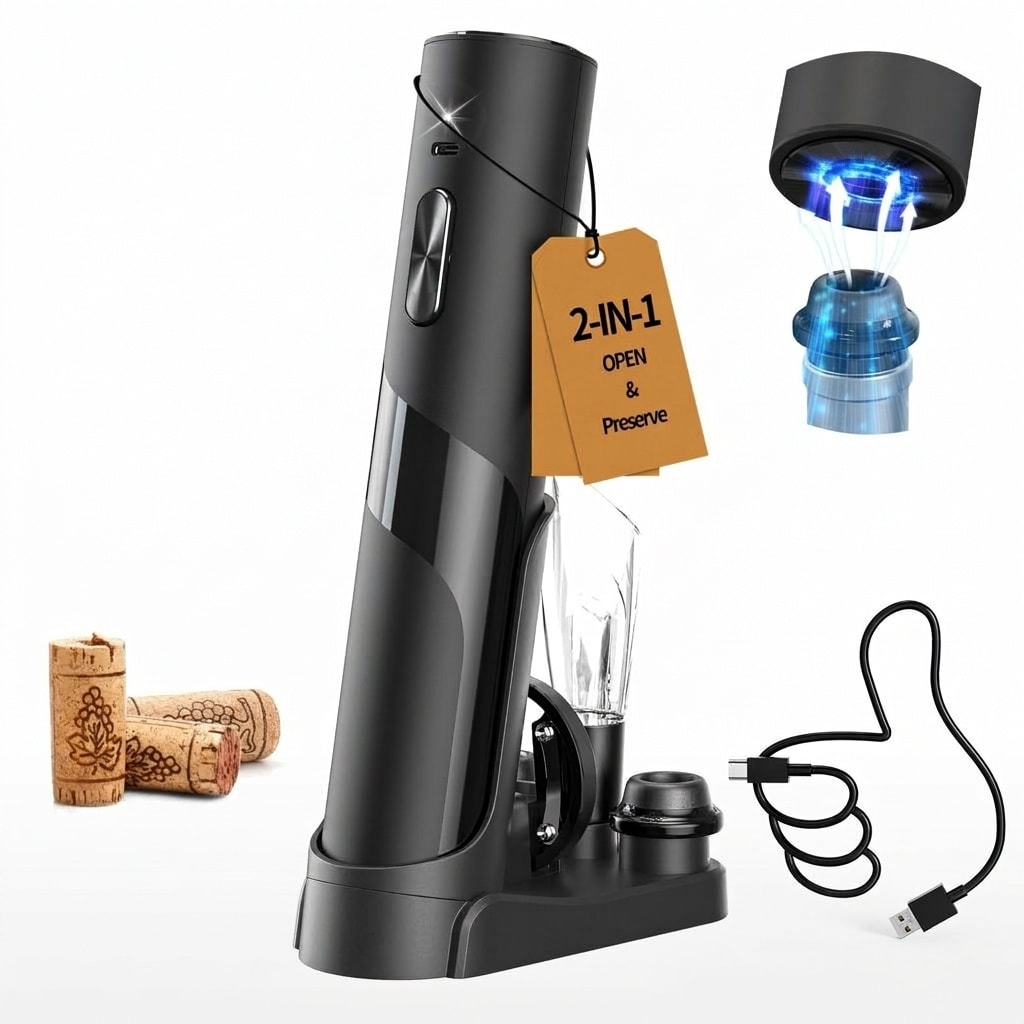 Etokfoks  Stainless Steel Electric Wine Bottle Opener Kit with Foil Cutter Aerator Vacuum Pump Stoppers and Powered Base