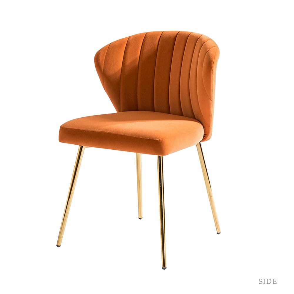 Velvet Upholstered Low Back Side Chair in Orange with Brass Legs, Set of 2