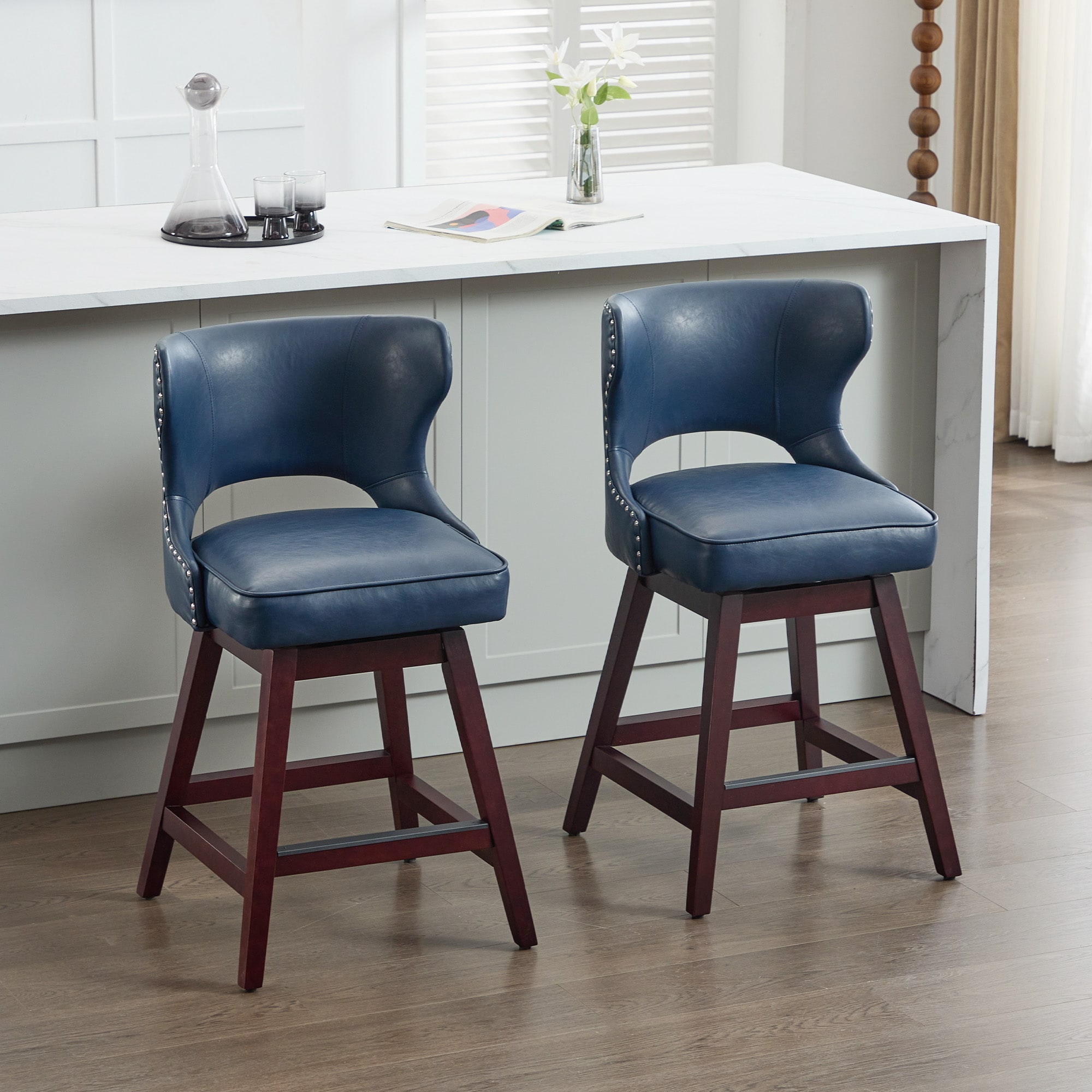 VOUA SAF-NLBQQ-GY Blue 25.98-in H Counter height Square seat Upholstered Swivel Wood Bar Stool and Back