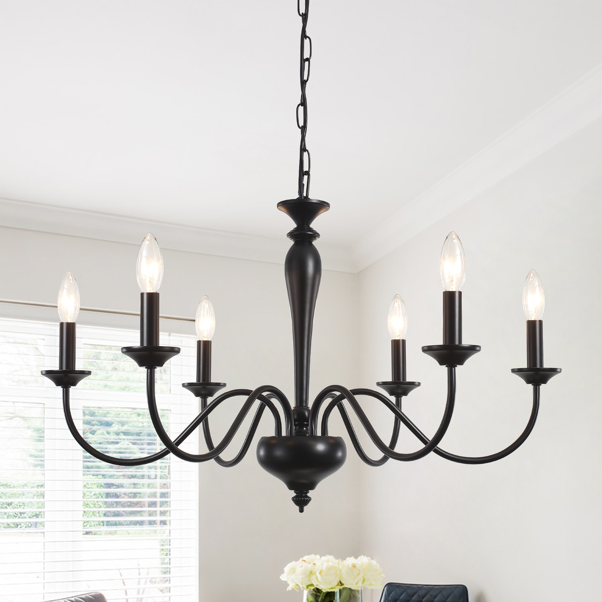 Zjvaive 6-Light 27.95inch Dimmable Matte Black Classic Bare Bulb Chandelier for Multiple Spaces