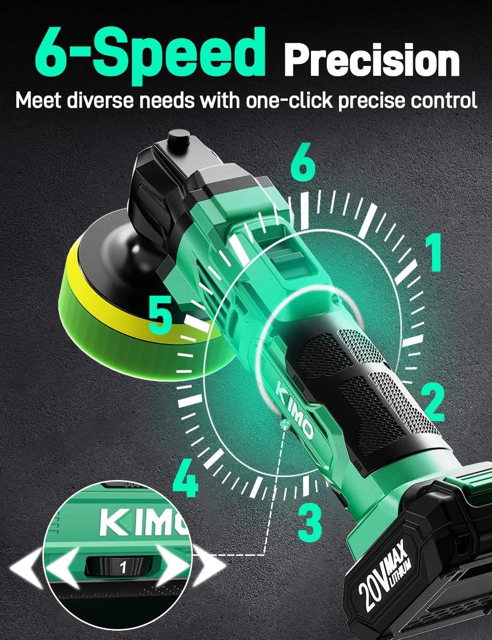 KIMO 20V Max Cordless Car Buffer Polisher Kit 6000 RPM 6 Speeds