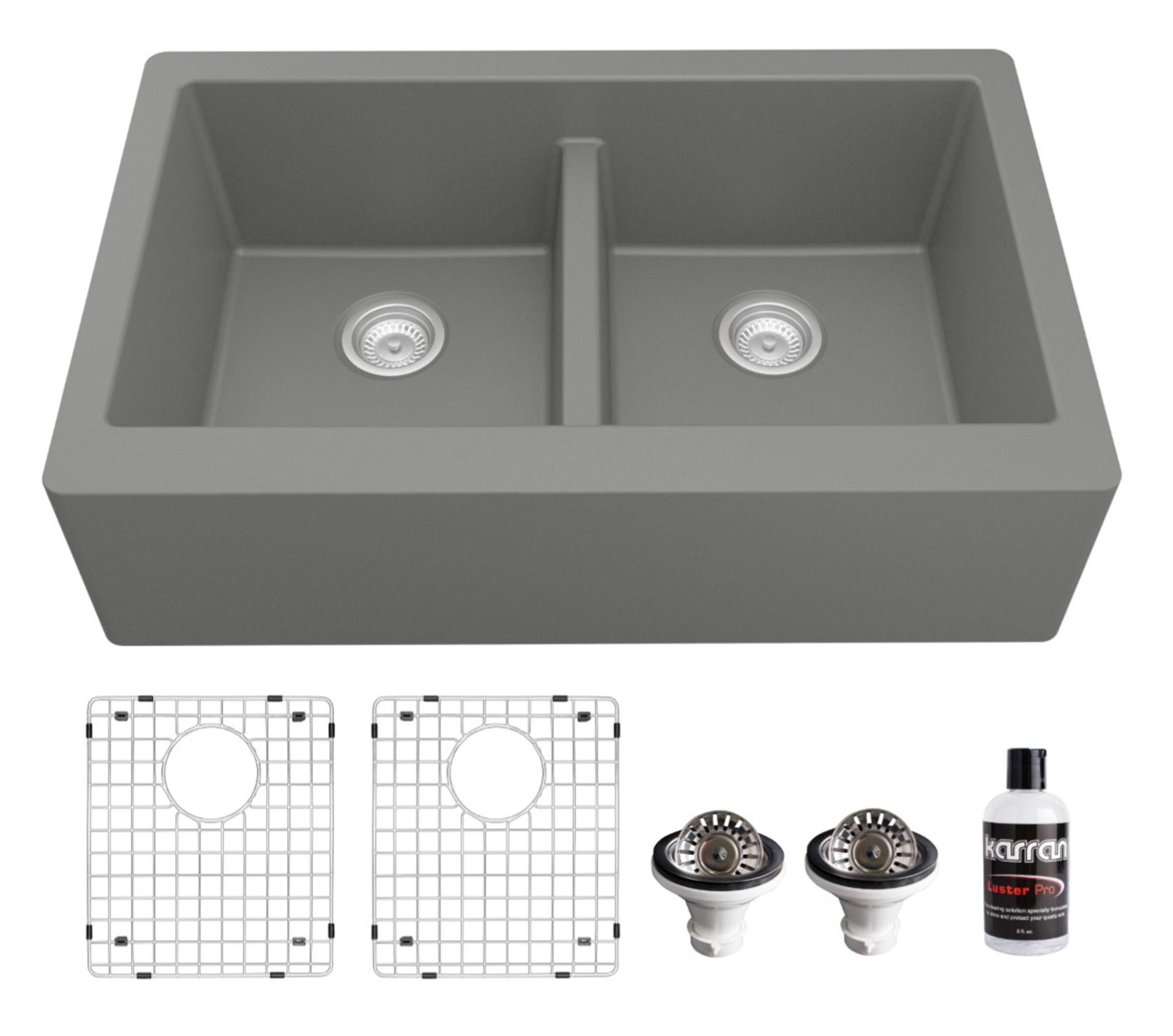 Karran QAR-750-GR-PK1 Farmhouse apron front 34-in x 21.27-in Quartz Double equal bowl Kitchen Sink