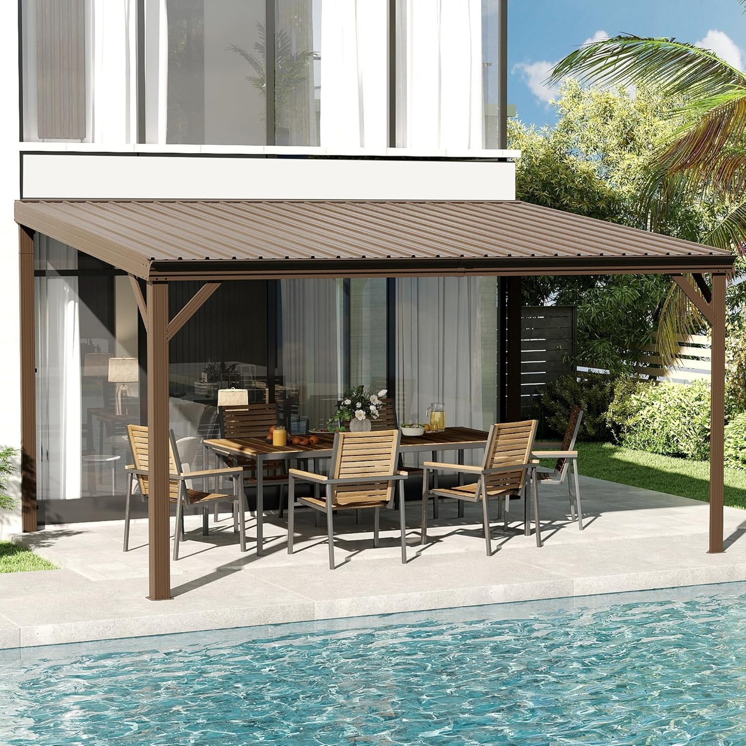 chillscreamni Warm Brown Metal Hardtop Wall-Mounted Gazebo 10x14 FT ...