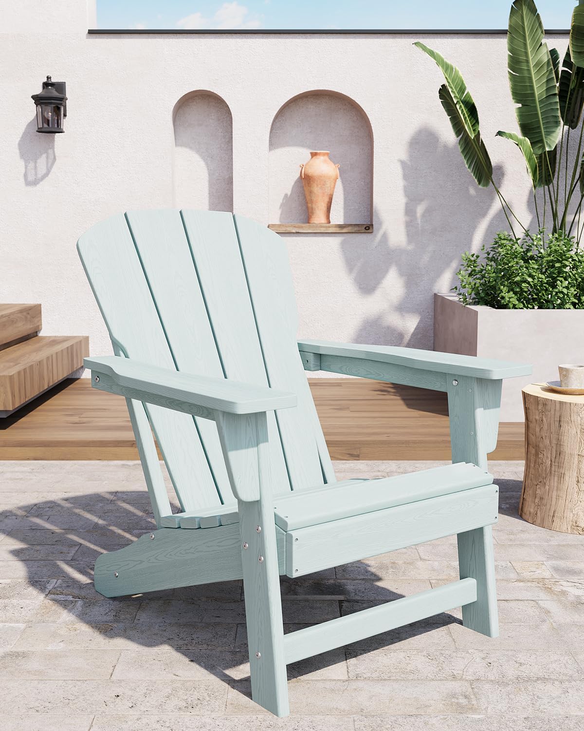 Qeetex CHAIRPPG-TNWH Modern HDPE Plastic Adirondack Chair Oversize Weather Resistant Poly Lumber Firepit Chair With Wood Grain Texture Ergonomic Design And 380LB Capacity For Patio Lawn Backyard Light Blue