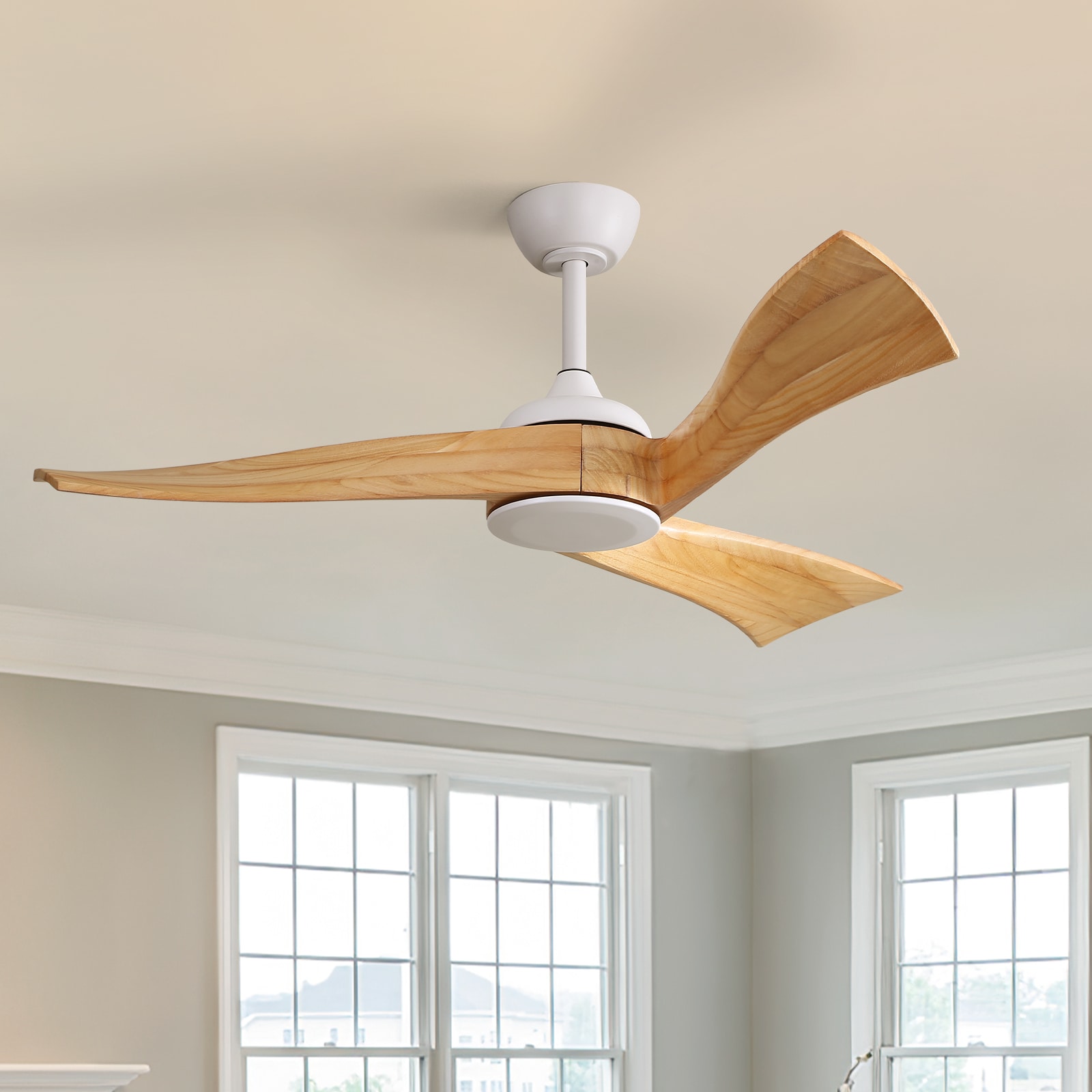 Sofucor L-52K012-WH-WD-YM60W Ayris 52-in Outdoor White with Light Wood Grain Blades Ceiling Fan and Remote ( 3 -Blade )