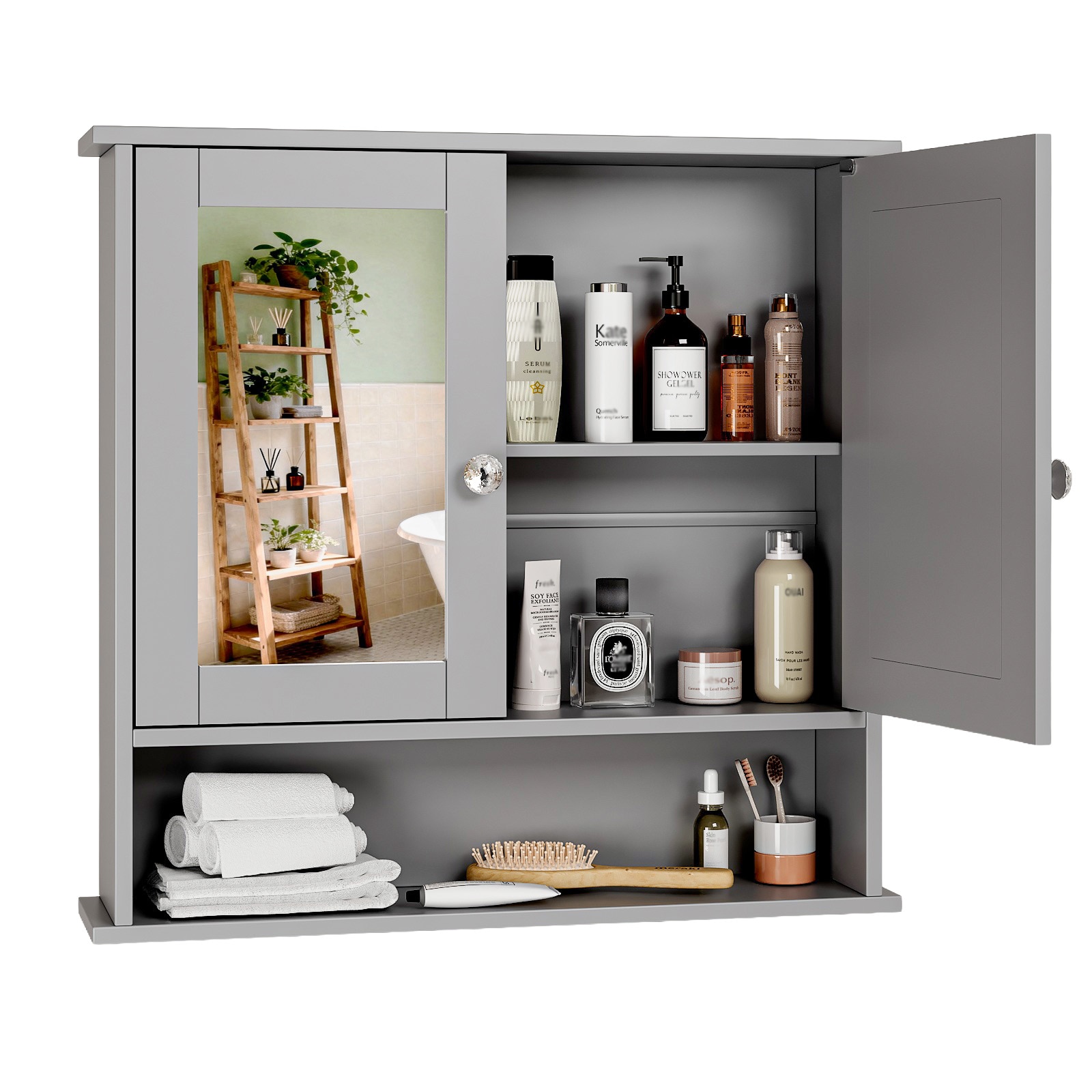 VINGLI 22W x23H Medicine Cabinet with Mirror/Grey Wall Mounted Bathroom Cabinet with Open Shelf/2-Door Hanging Storage Organizer Over Toilet