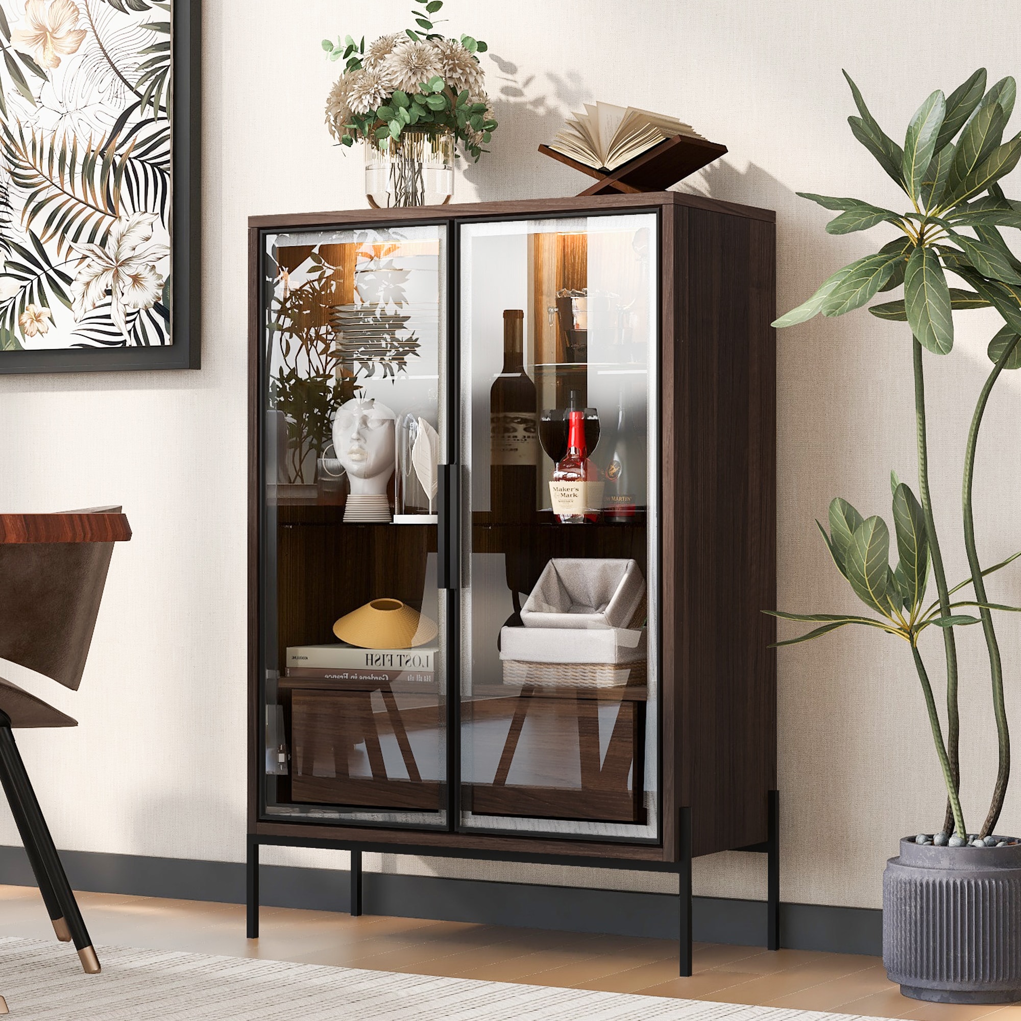 Tatayosi JL-P261794D Freestanding Display Cabinet with 2 Storage Drawers; Pantry with Glass Doors  LED Lighting; Curio Cabinet with Glass Door  4-Tier Adjustable Shelves for Living Room; Kitchen; Office - Walnut