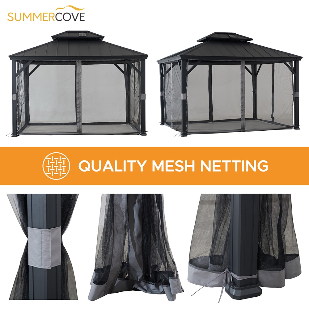 10x12 Black Aluminum and Steel Hardtop Gazebo with Solar Panel and Netting