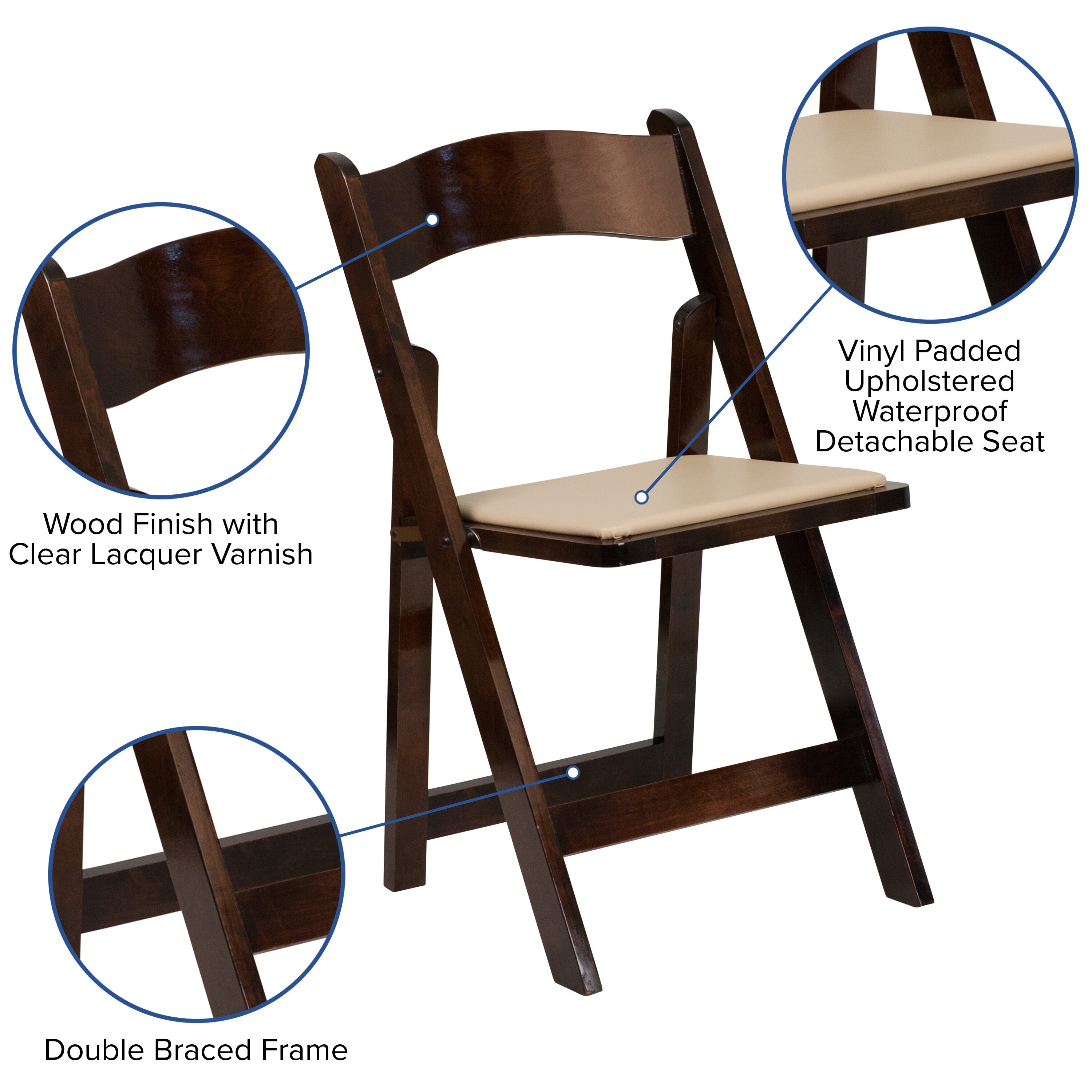 Fruitwood Beechwood Folding Dining Chair with Vinyl Padded Seat