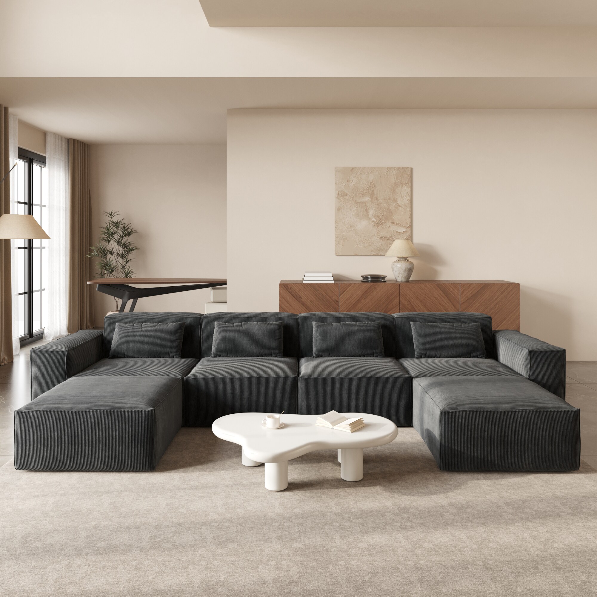 BuotiqHom DH-SF4+2-130BK 149.6-Inches Modern Black Velvet 4 -seater Sectional