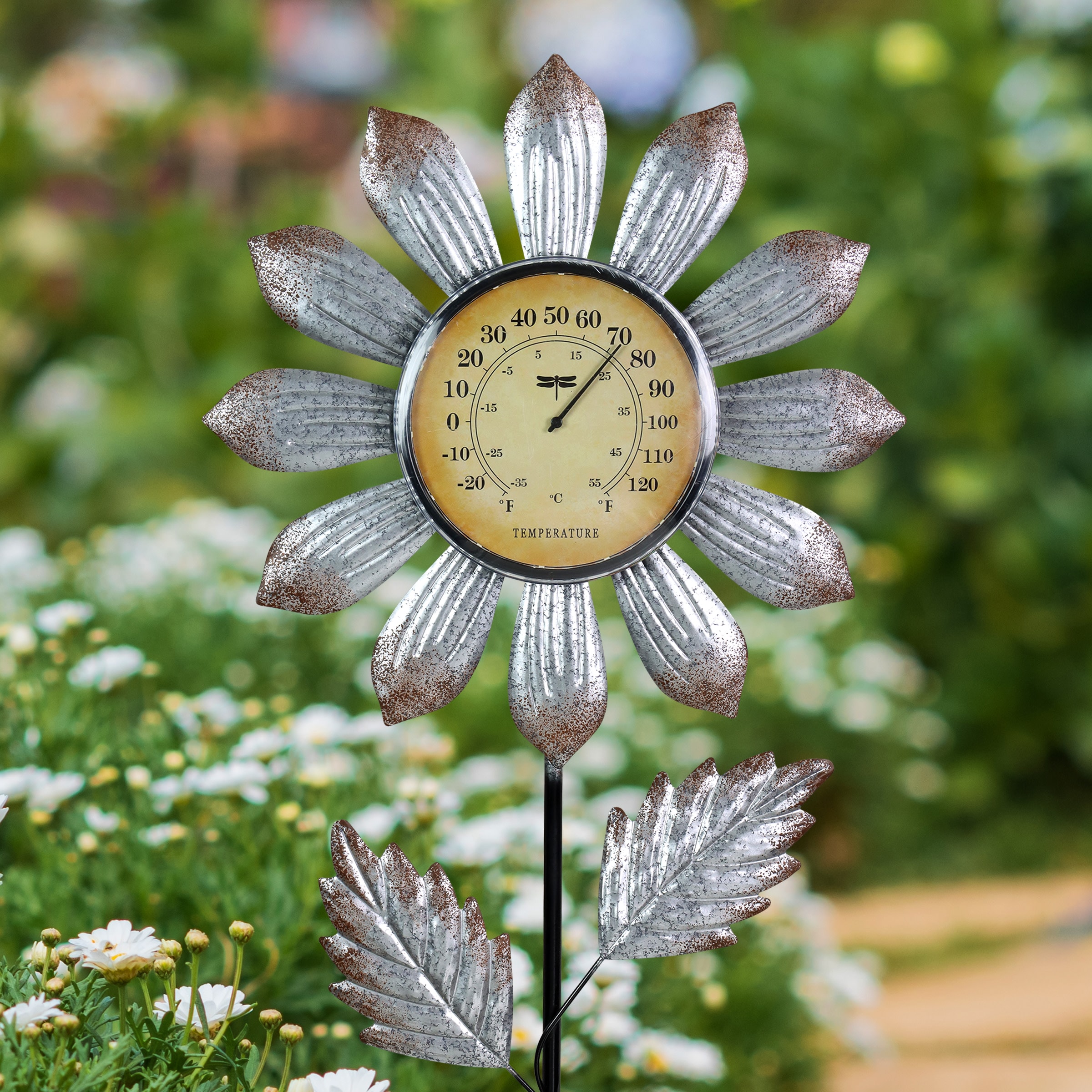 Pink Petals Garden Stake Outdoor Thermometer