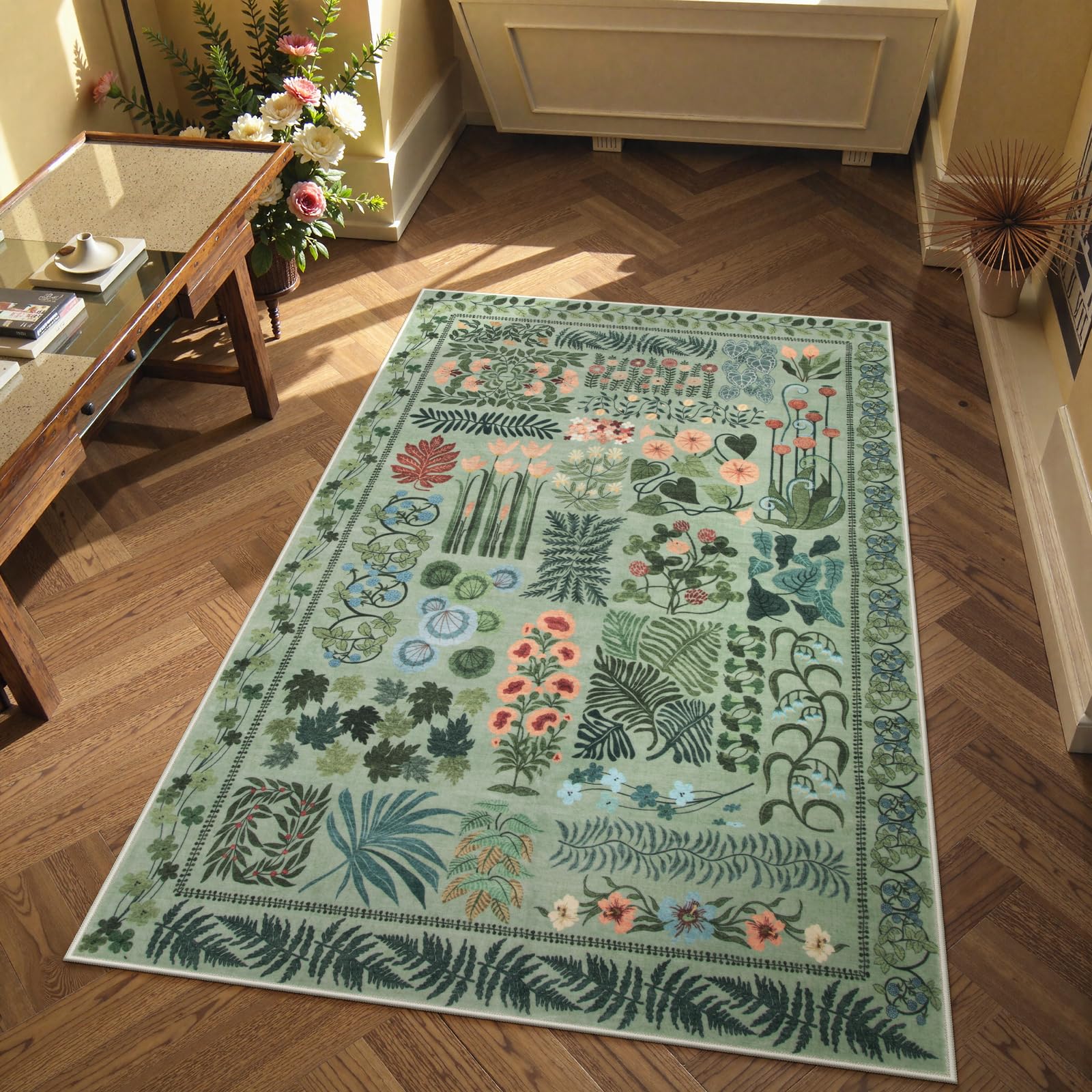 Lahome AR-DYR-465-G3 3 x 5 (ft) Mung Bean Green Fern Patchwork Short Pile Velvet Rectangular Indoor Area Rug