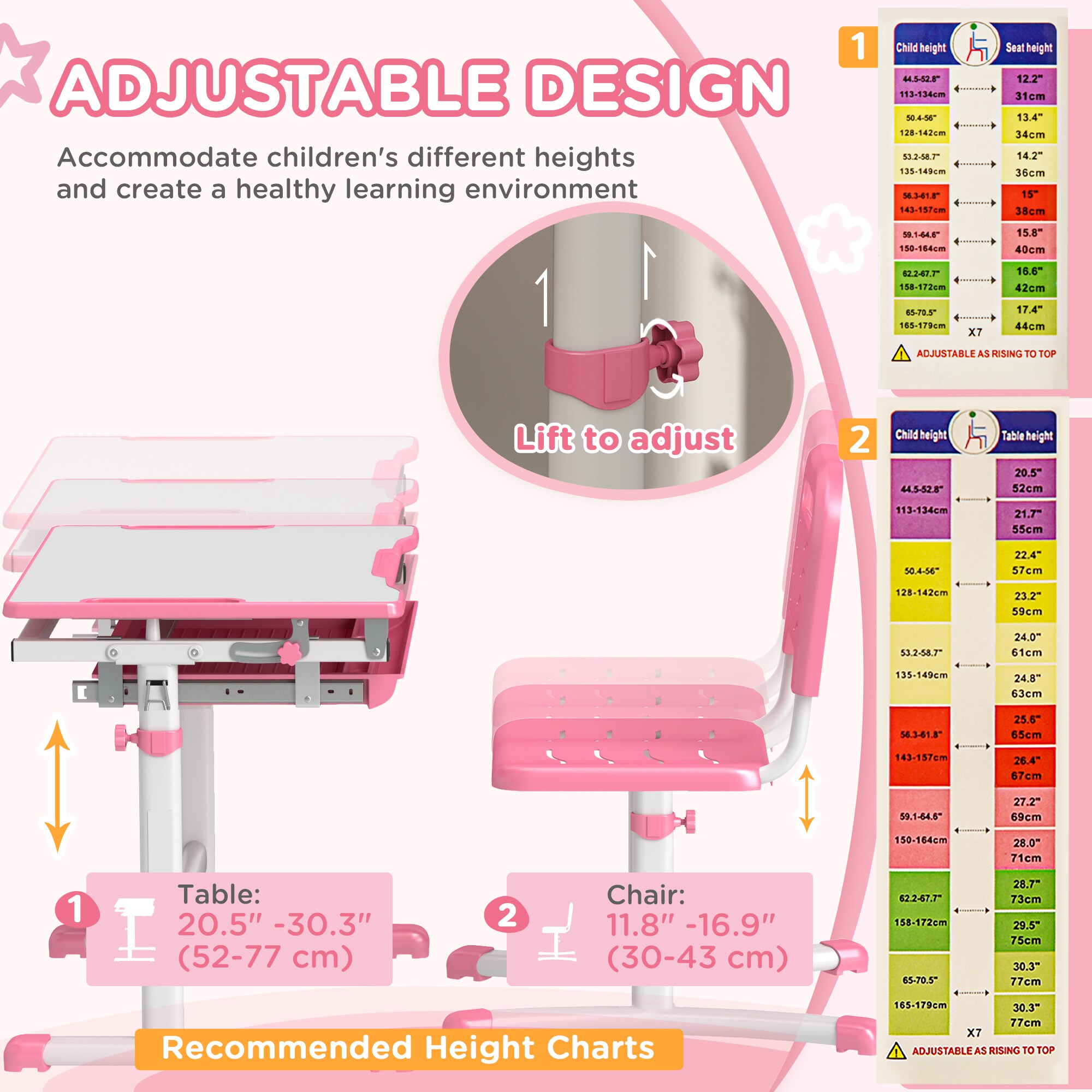 Qaba Kids Desk and Chairs Set Height Adjustable Children School Study ...