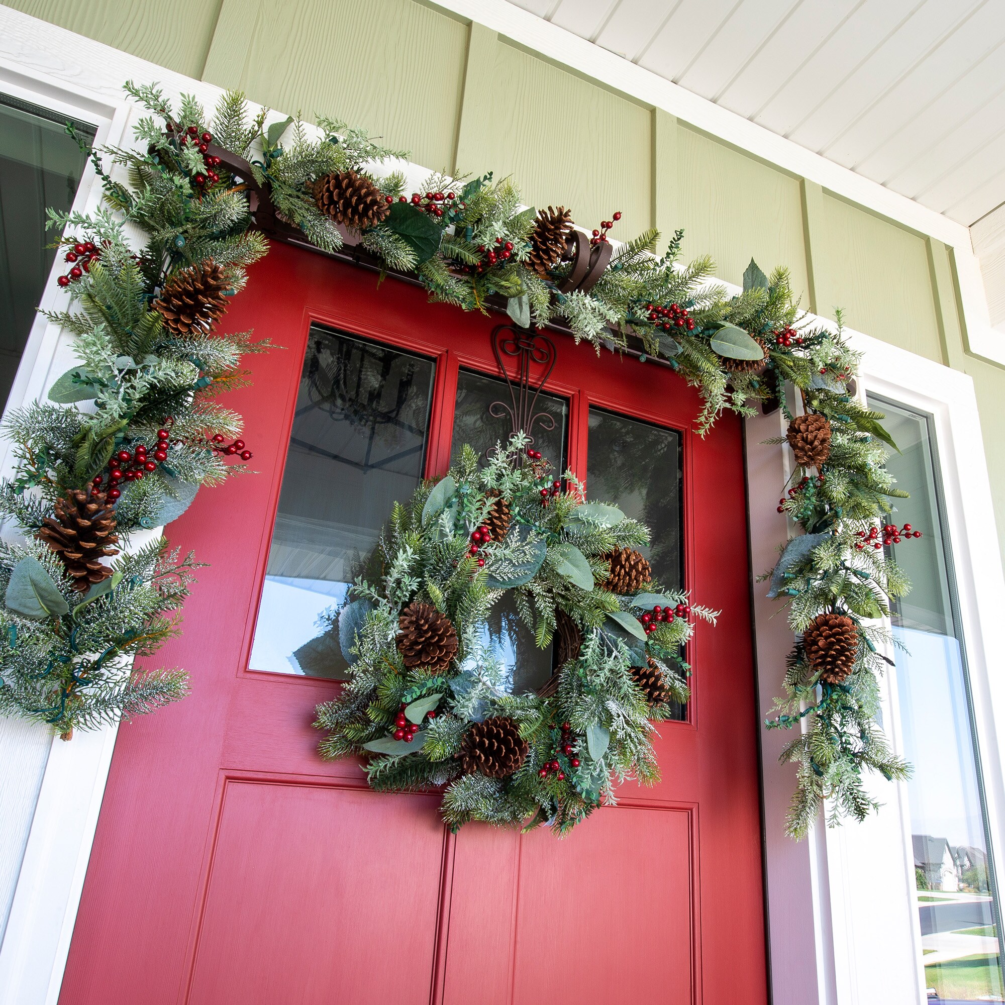 24-Inch Pre-Lit Pine Christmas Wreath with Red and Green Ornaments
