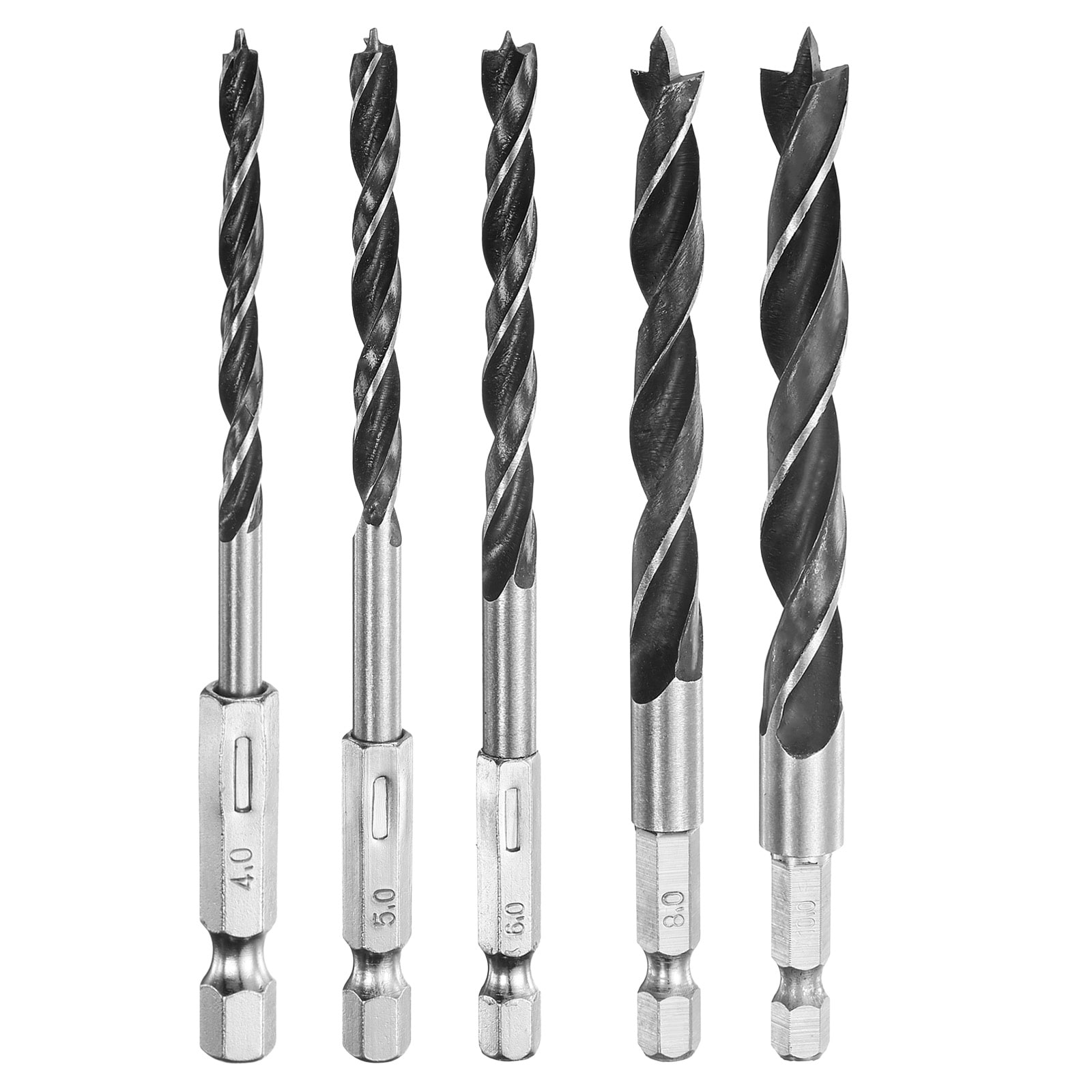 Unique Bargains Brad Point Drill Bits Set 3/8 Inch 5/16 Inch 1/4 Inch 1/5 Inch 5/32 Inch Dia High Carbon Steel Spiral Wood Twist Drill Bits with 1/4 Inch Hex Shank for Drilling Softwood Hardwood Composite Plywood #S26022800UX2514