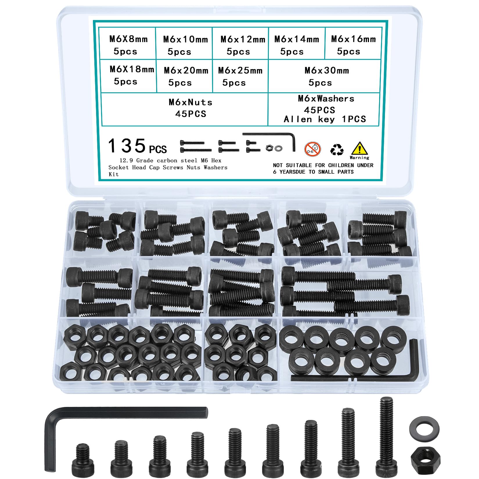 UUDULY  M6 Screws Set Assorted Metric Bolts Nuts and Washers Kit with Allen Key 135 Pieces for Mechanical and DIY Projects