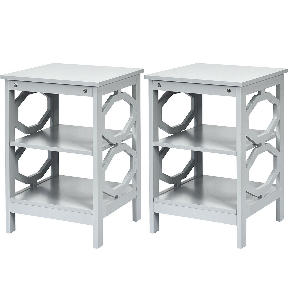 Slickblue D-CO-2-RG09656WH 16 Inch W x 24 Inch H- Gray/ White MDF Square Modern 2-Piece 3-Tier End Table Set with Open Shelves for Living Room Bedroom or Office