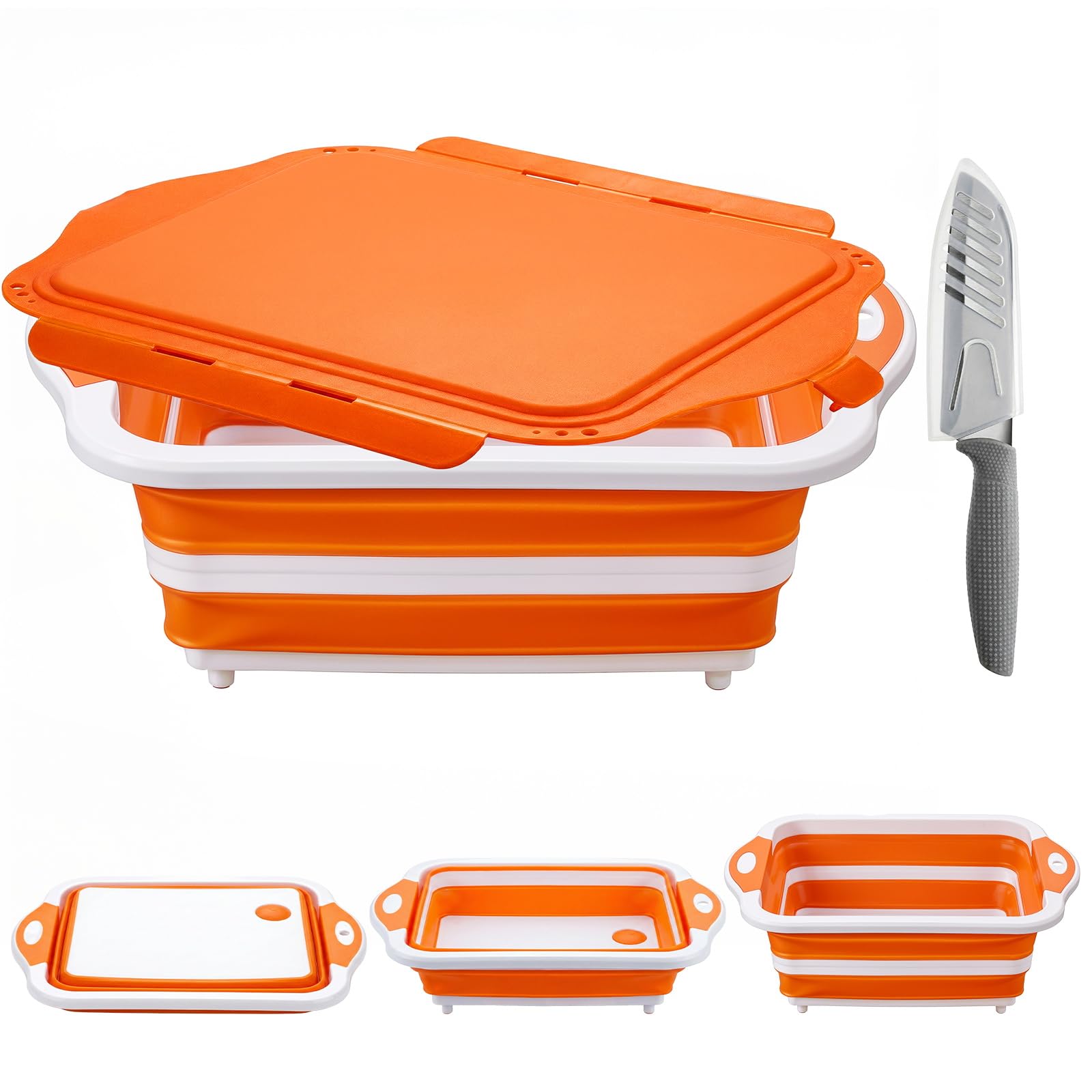 Etokfoks  1 Piece Orange Plastic Collapsible Kitchen Tub Set with Locking Lid Cutting Board Colander Non Slip Base for BBQ