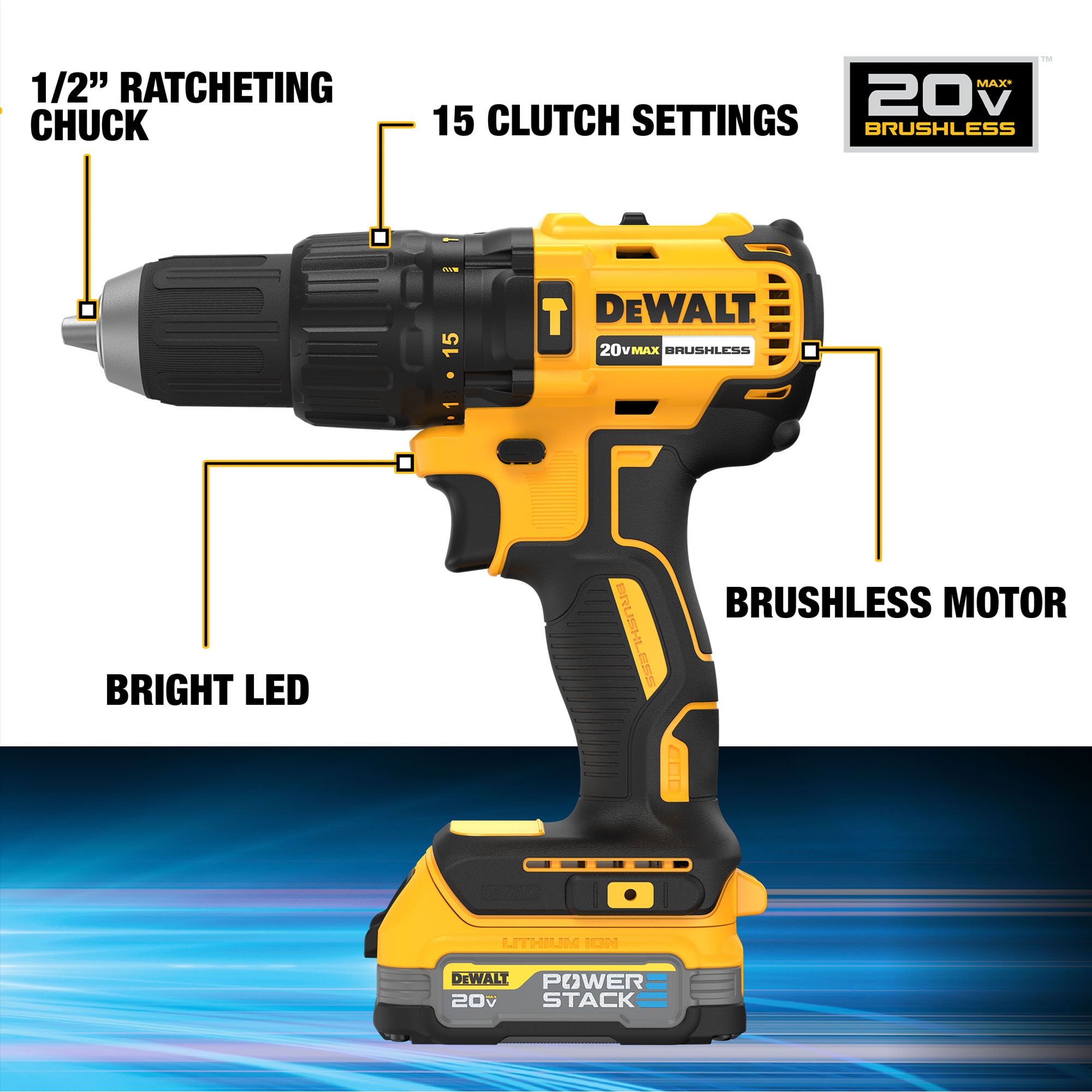 DEWALT POWERSTACK 1/2-in 20-volt Max 1.7-Amp Variable Speed Brushless  Cordless Hammer Drill (1-Battery Included) in the Hammer Drills department  at