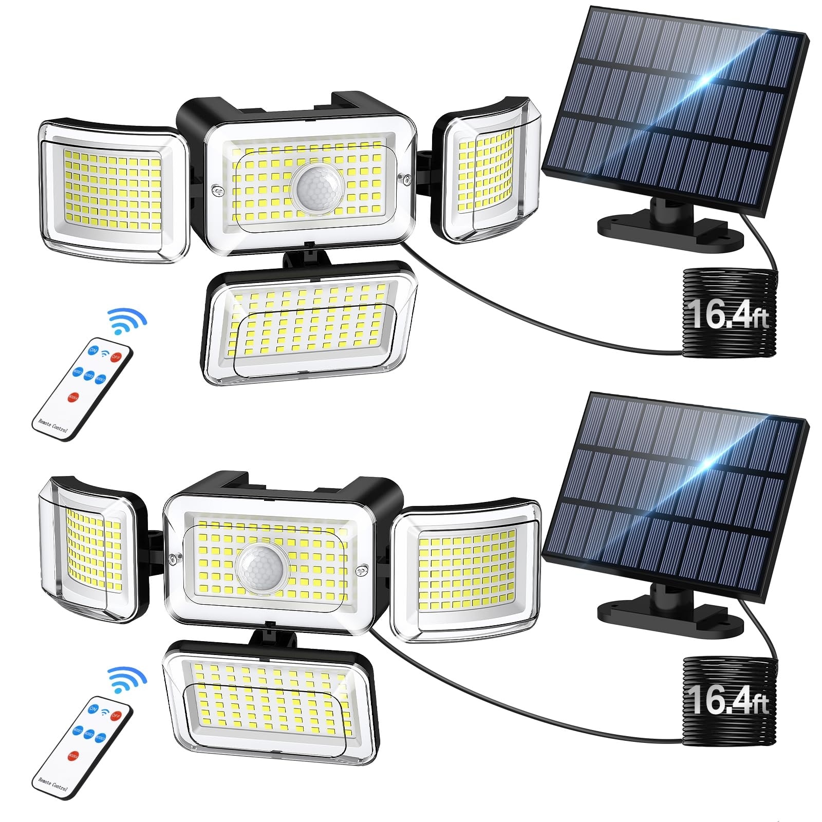 Lukvuzo  2 Pack 288 LED Solar Security Lights Motion Sensor Outdoor 3500LM 4 Adjustable Heads IP67 Waterproof 16.4ft Cable 4 Modes