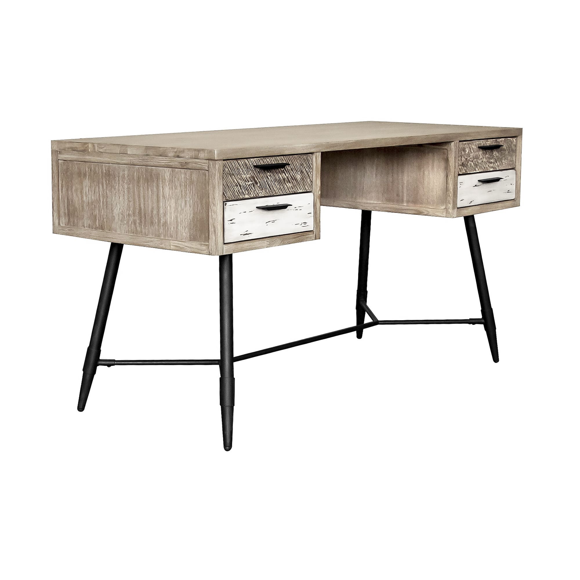 Transitional Two-Tone Acacia Wood Desk with Sleek Black Base