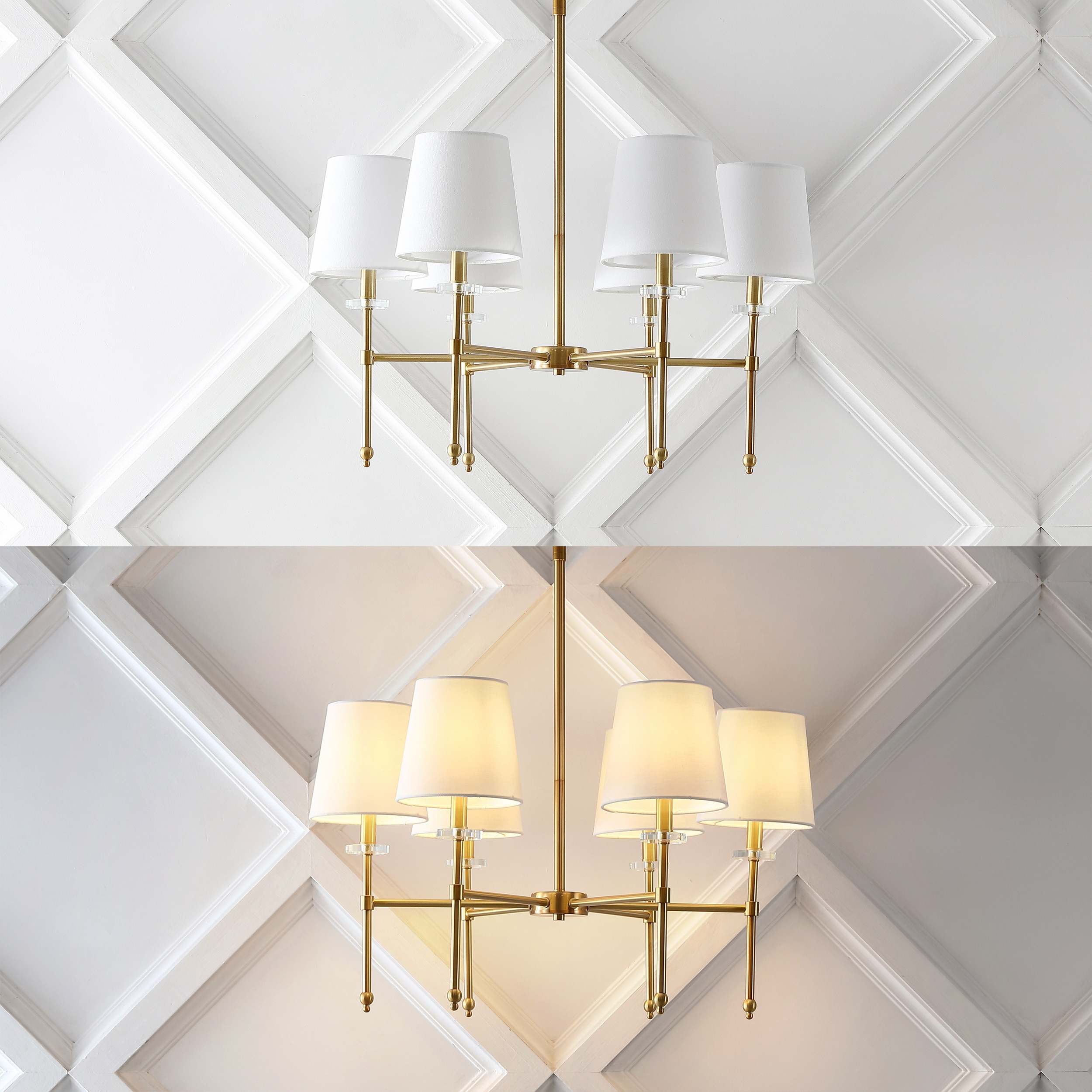 Cillian 27" Satin Gold Brass 6-Light LED Chandelier with White Fabric Shades