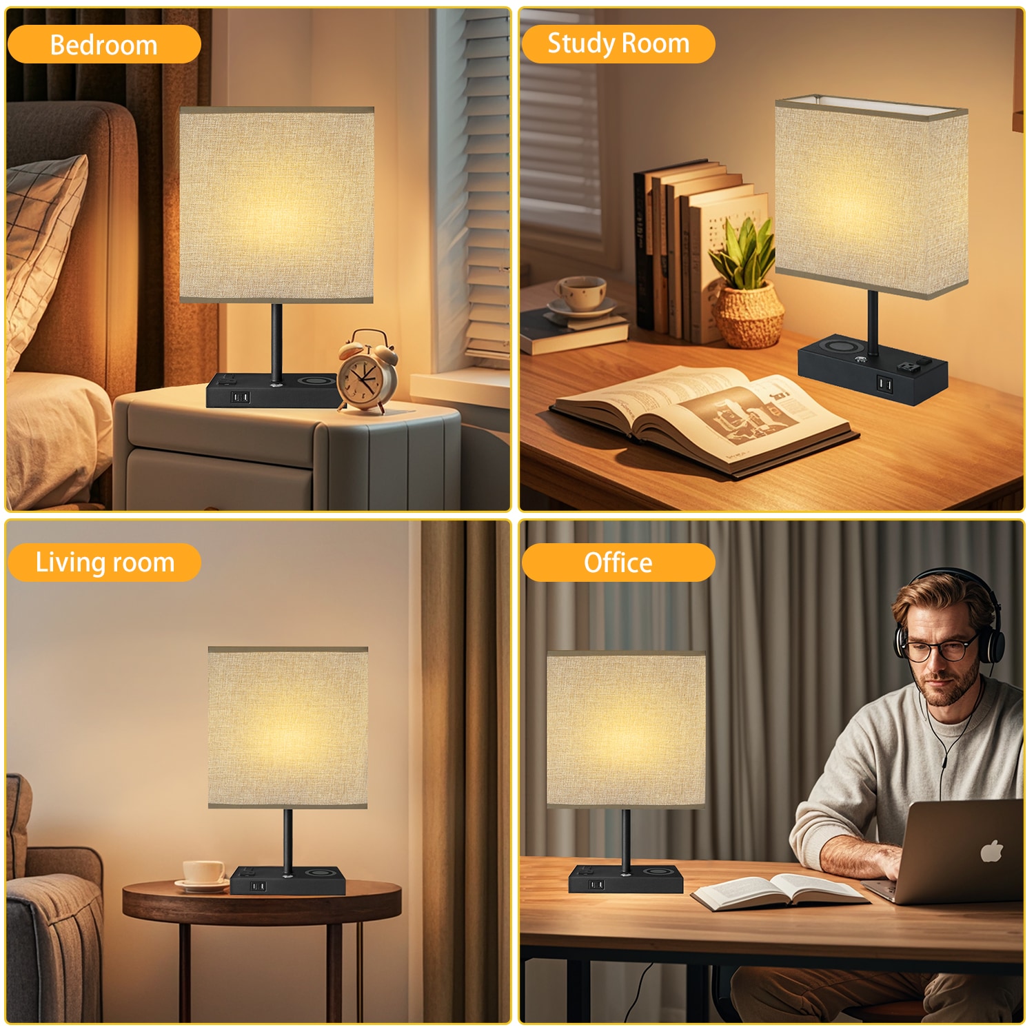 17 in. Black Wireless Charging Table Lamp with USB Port