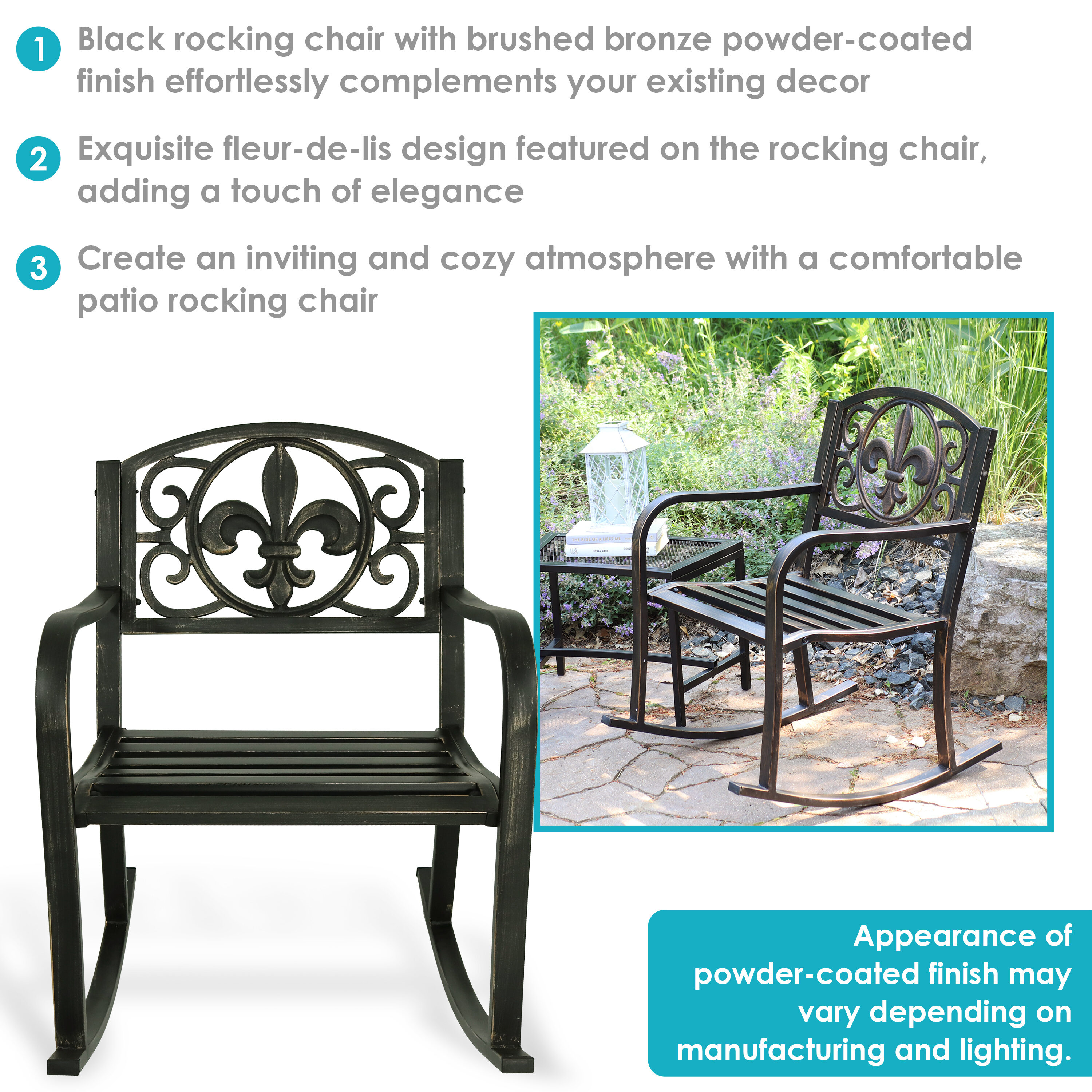 Black Cast Iron and Steel Fleur-de-Lis Outdoor Rocking Chair