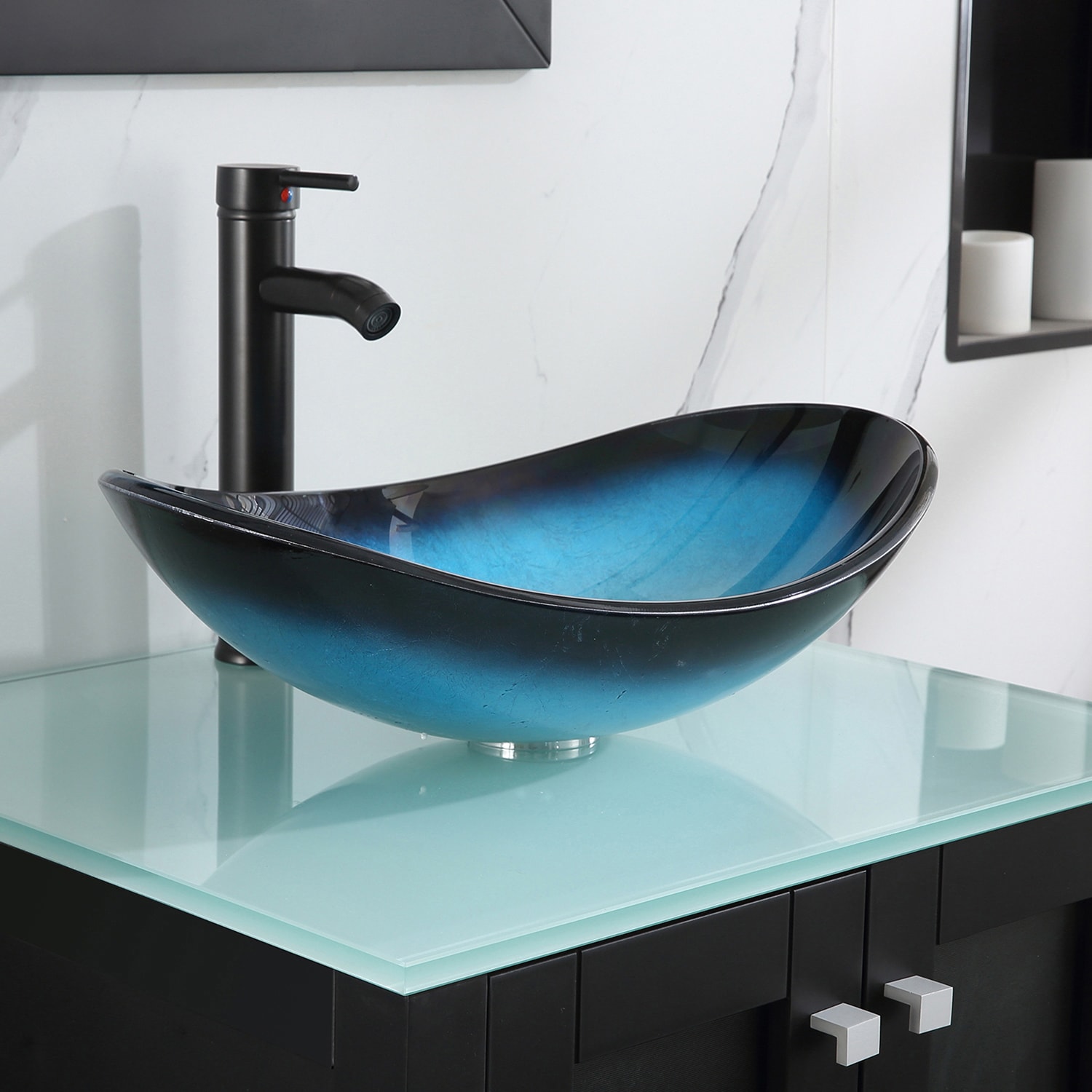 Wonline 36Inch Bathroom Vanity with Sink Combo Modern Black Cabinet Tempered Glass Vessel Sink Bowl Faucet Drain Combo, Size: 24.4, Blue