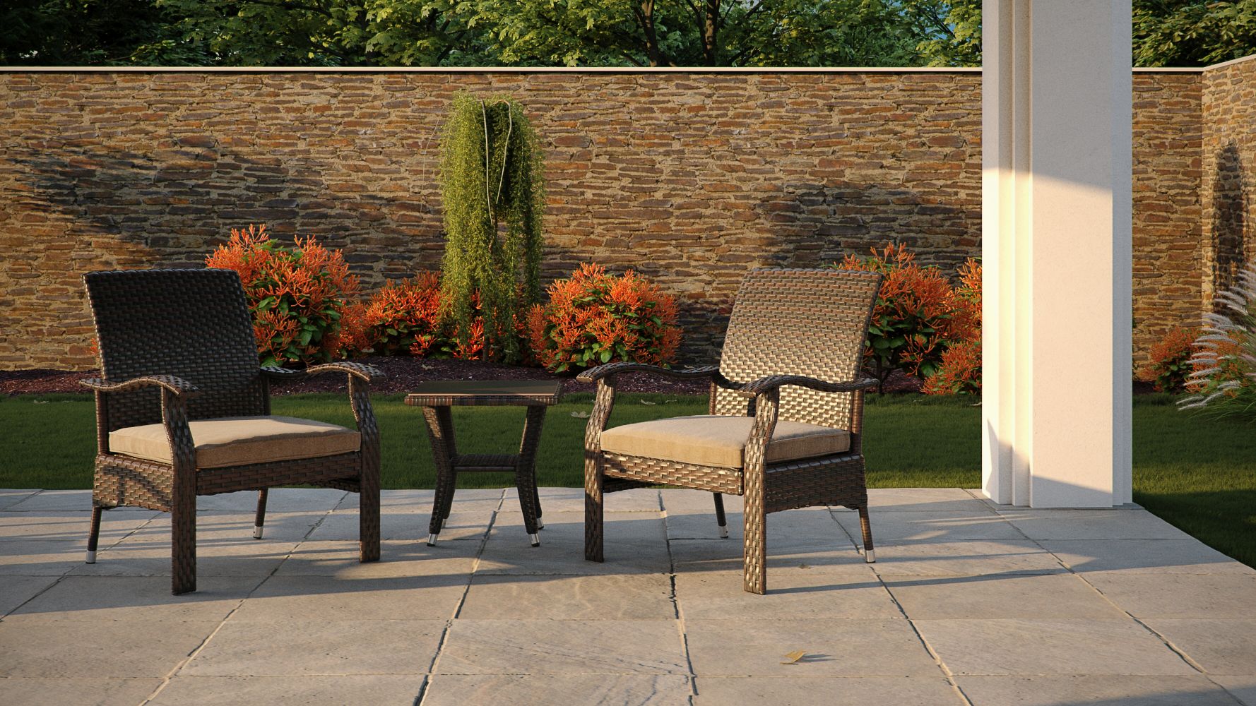 Mocha Resin Wicker 3-Piece Patio Conversation Set with Beige Cushions