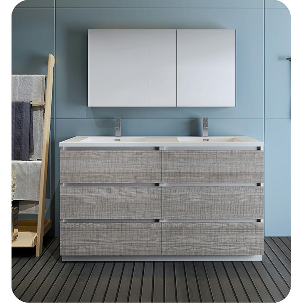 Fresca FCB93-3030HA-D-I Lazzaro 60-in Glossy Ash - 2 PCS Double sink Bathroom Vanity with White Acrylic Top