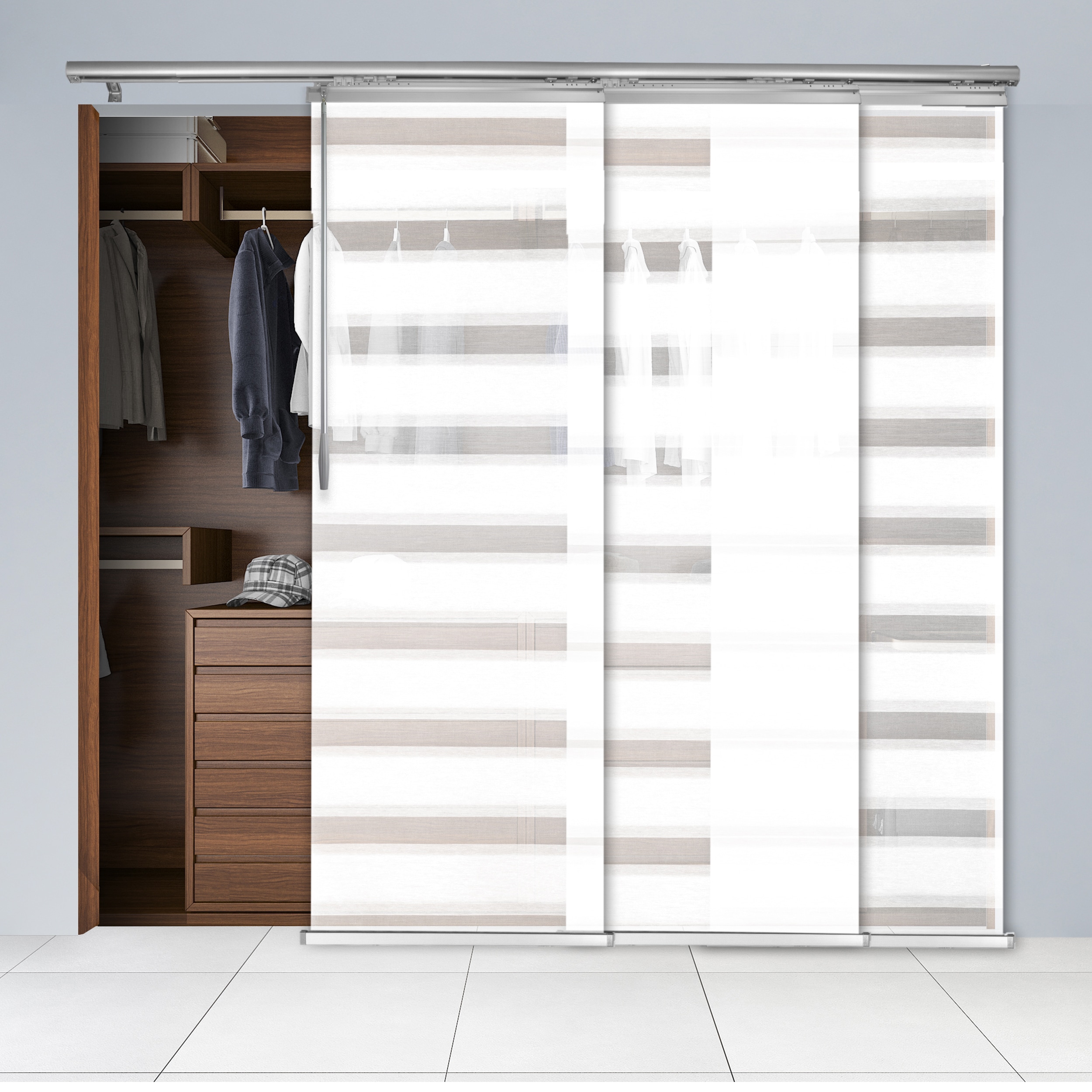 Hart & Harlow L-T24-3-3P13A 3-Panel Single Rail 23.5-in Slat Width 66.0-in x 91.4-in Cordless Decorators White Fabric Light filtering Panel track blinds