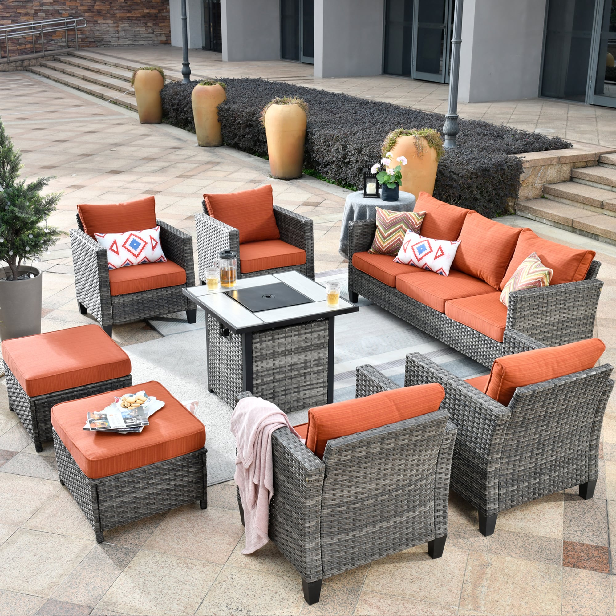 Pouuin SFPGRS808 8 -Piece Rattan Patio Sofa Conversation Set with Red Olefin Cushions