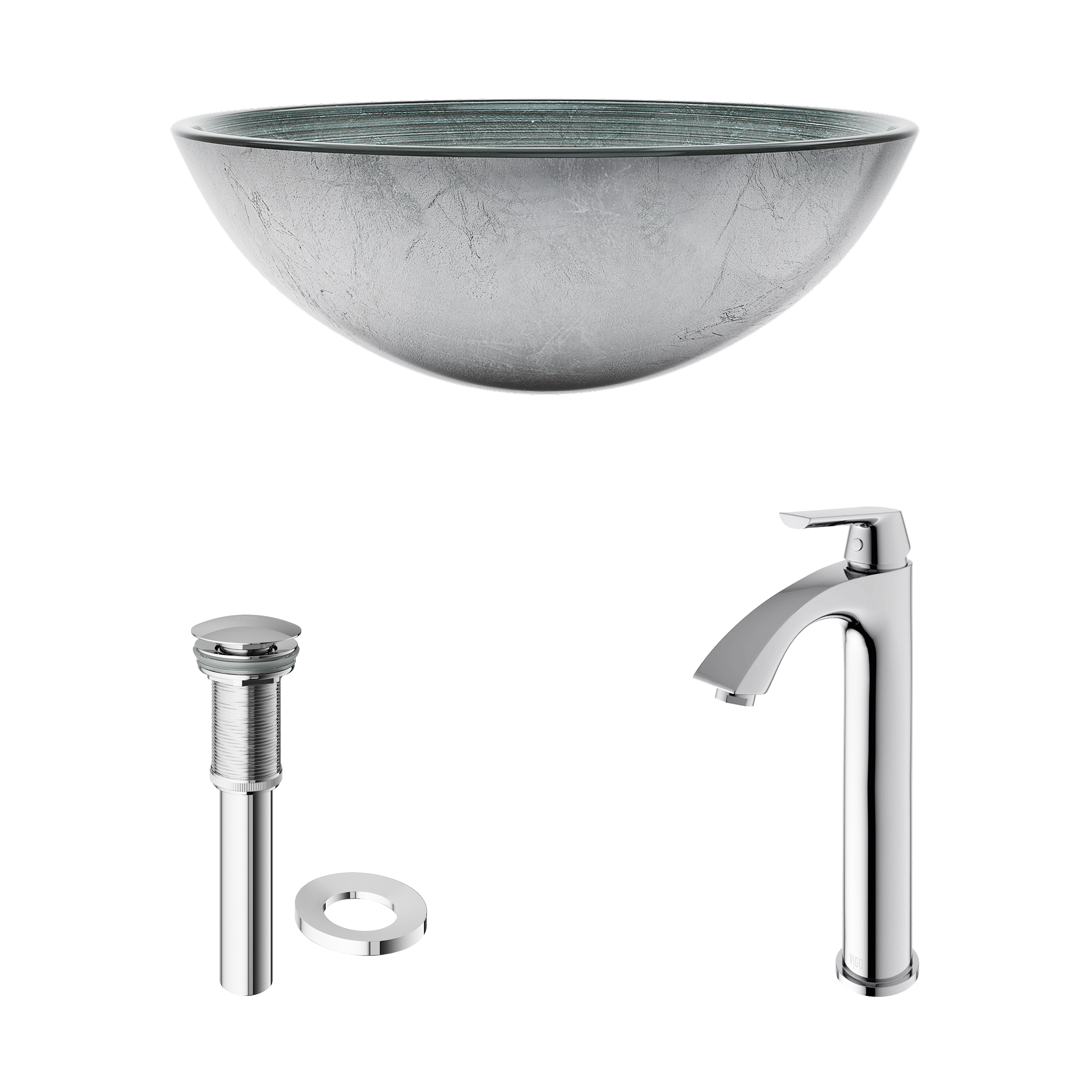 Simply Silver Round Glass Vessel Sink with Chrome Faucet