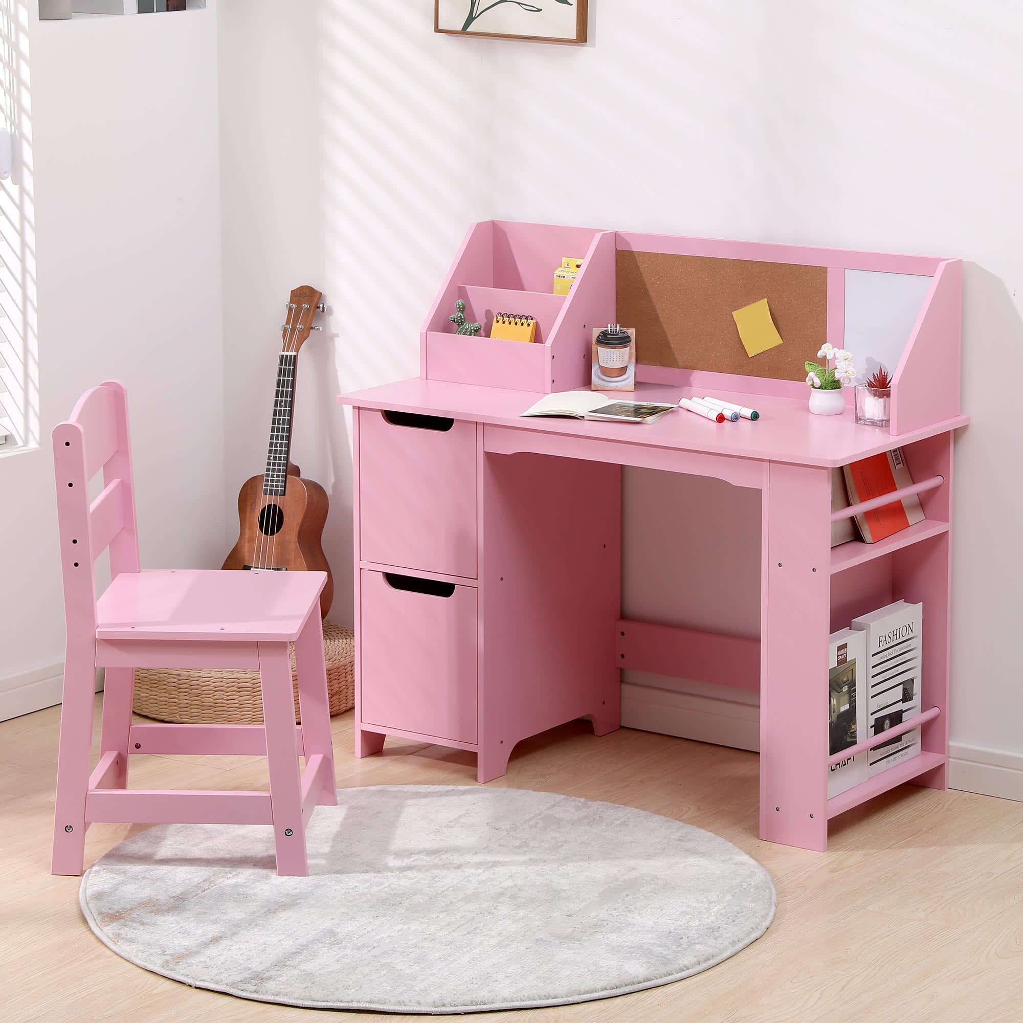 Qeetex SUN-PTO-0YTIW9ZP Kids Study Desk and Chair Set with Storage Bookshelf and Bulletin Board