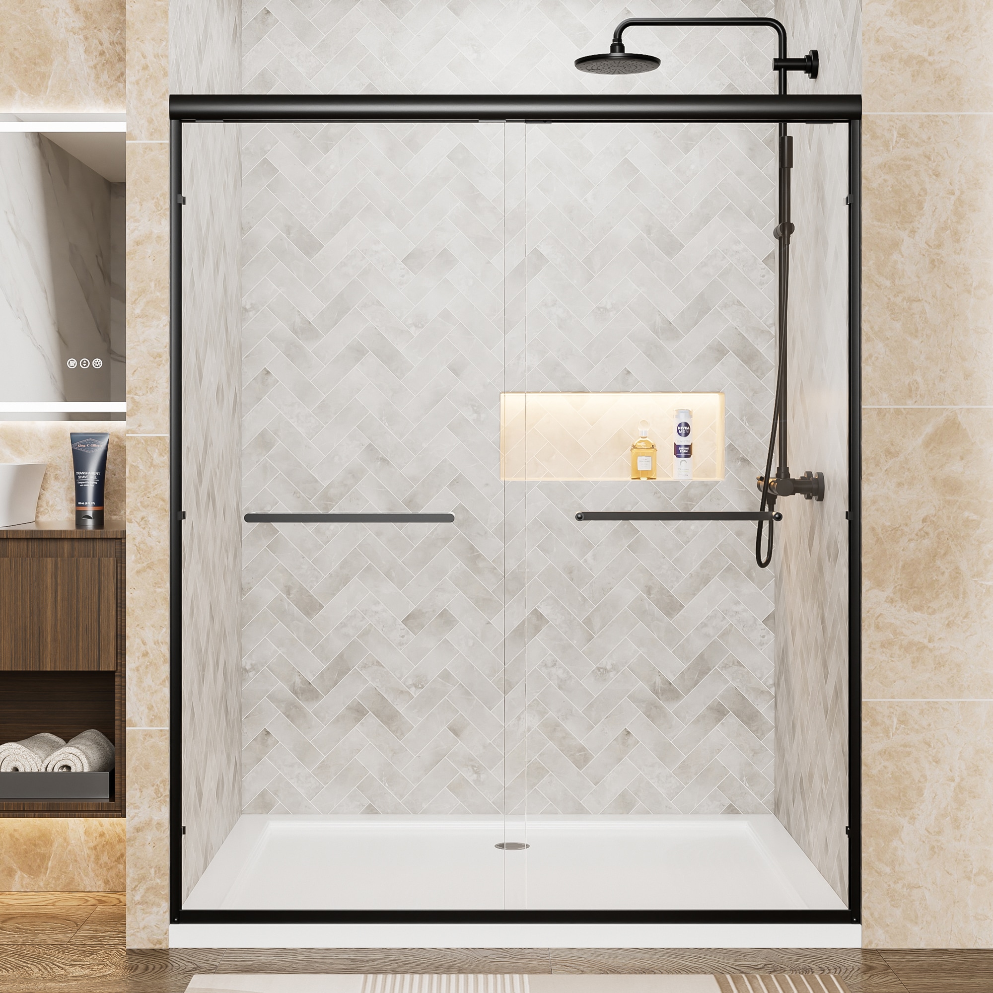 Tinyhomie 60 inch W x 72 inch H Matte Black Aluminum Frame Double Sliding Shower Door 6mm Clear Tempered Glass