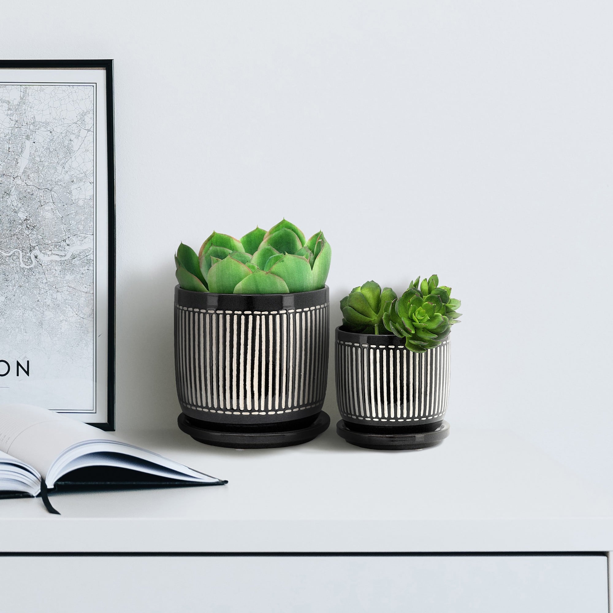 Yiekholo LL-1584AA 2 -Pack Round 6.0-in W x 6-in H x 6-in D Black Ceramic Indoor/Outdoor with Self Watering Planter