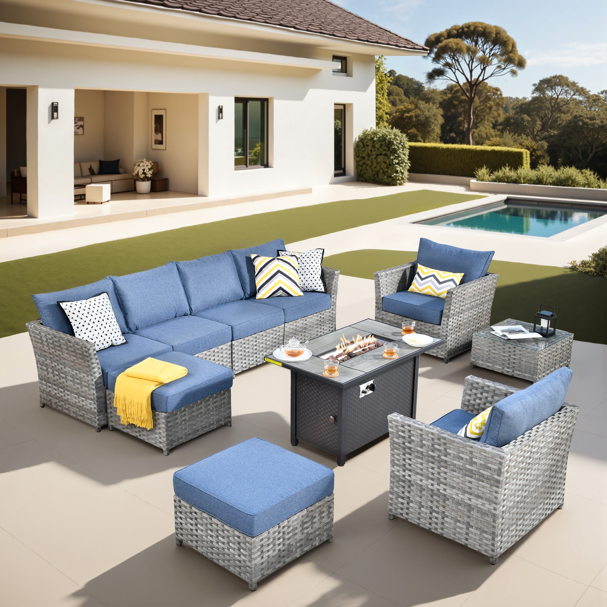 Pouuin SCFPBRS309 Wicker Outdoor Sectional with Blue Cushions and Wicker Frame