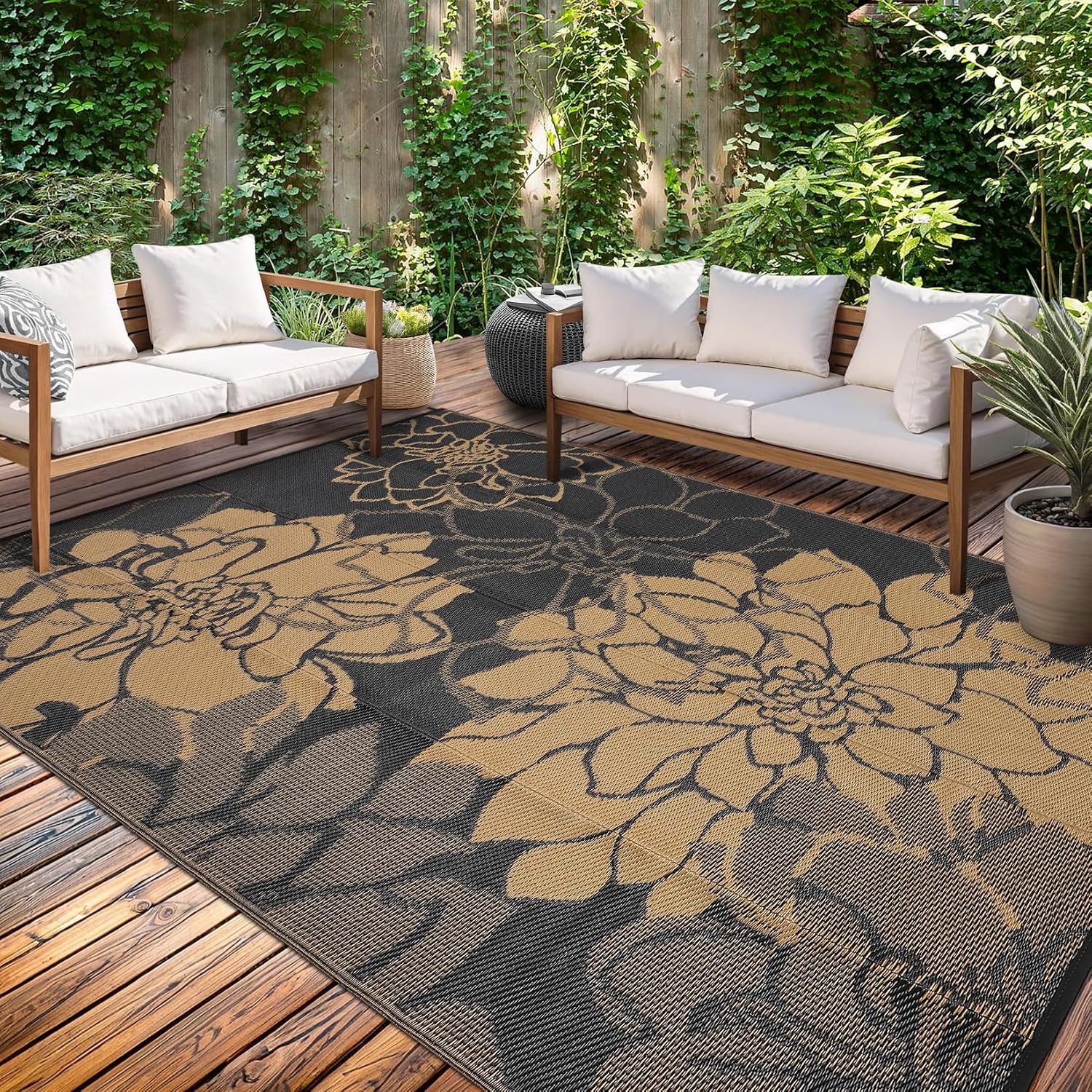 Aoile 9x12 Outdoor Rug - Tropical Floral Waterproof Reversible Patio Rug for Deck RV Camping Black/Brown