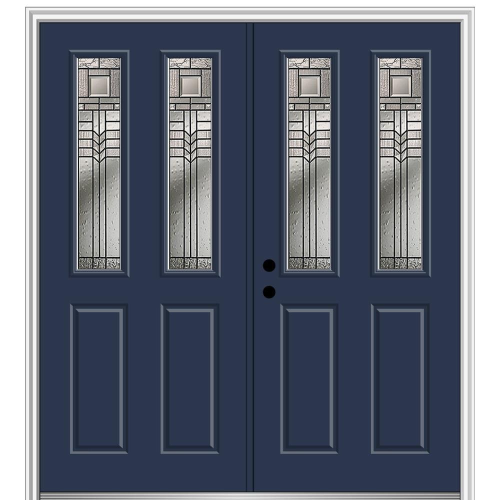 MMI DOOR ZZ3664918R 68-in x 80-in x 4-9/16-in Fiberglass Twin lite Right-hand inswing Naval Painted Prehung Double Front Door with Brickmould Insulating core