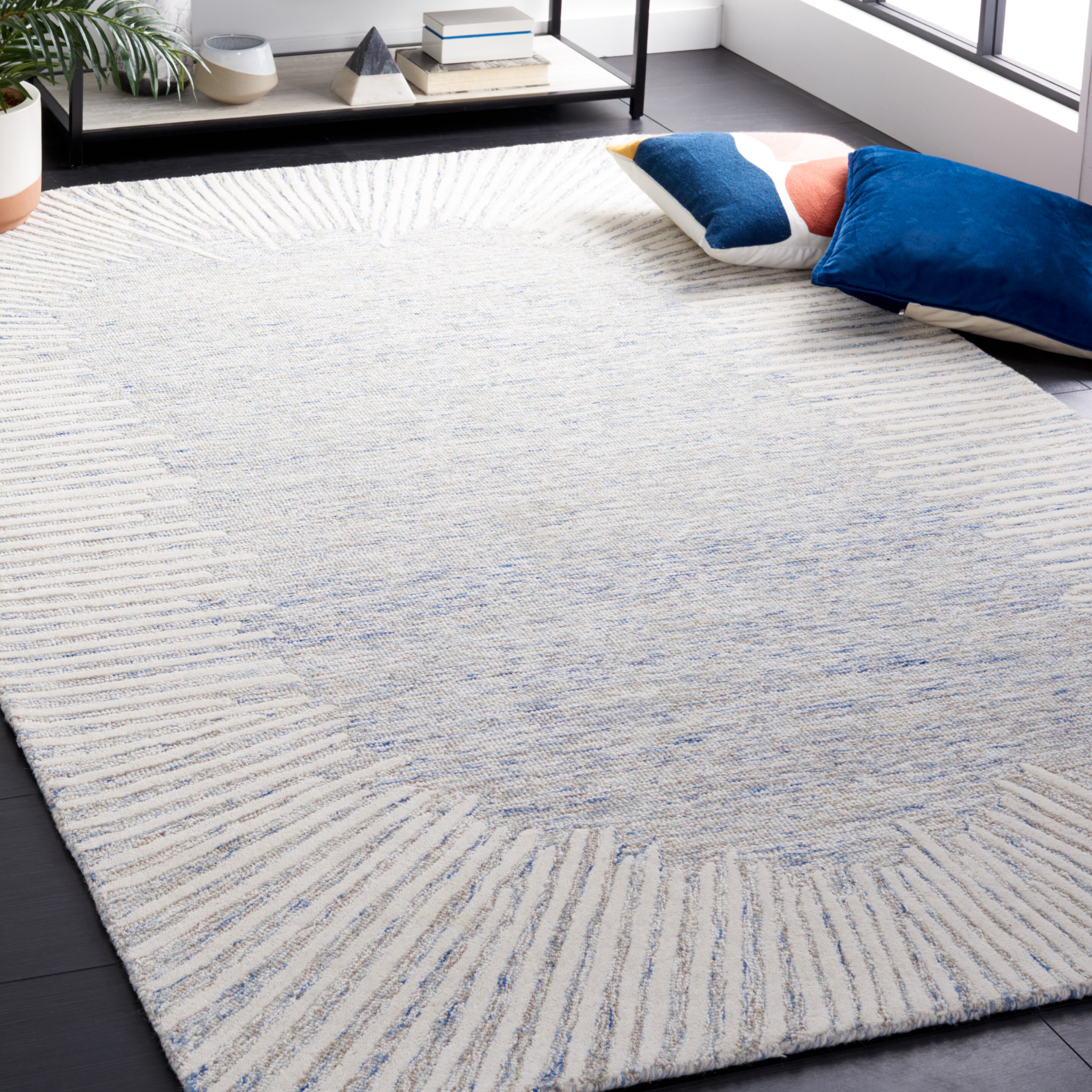 Abstract 5 x 8 (ft) Tufted Wool Blue/Ivory Rectangular Indoor Geometric Mid-Century Modern Spot Clean Only Area rug