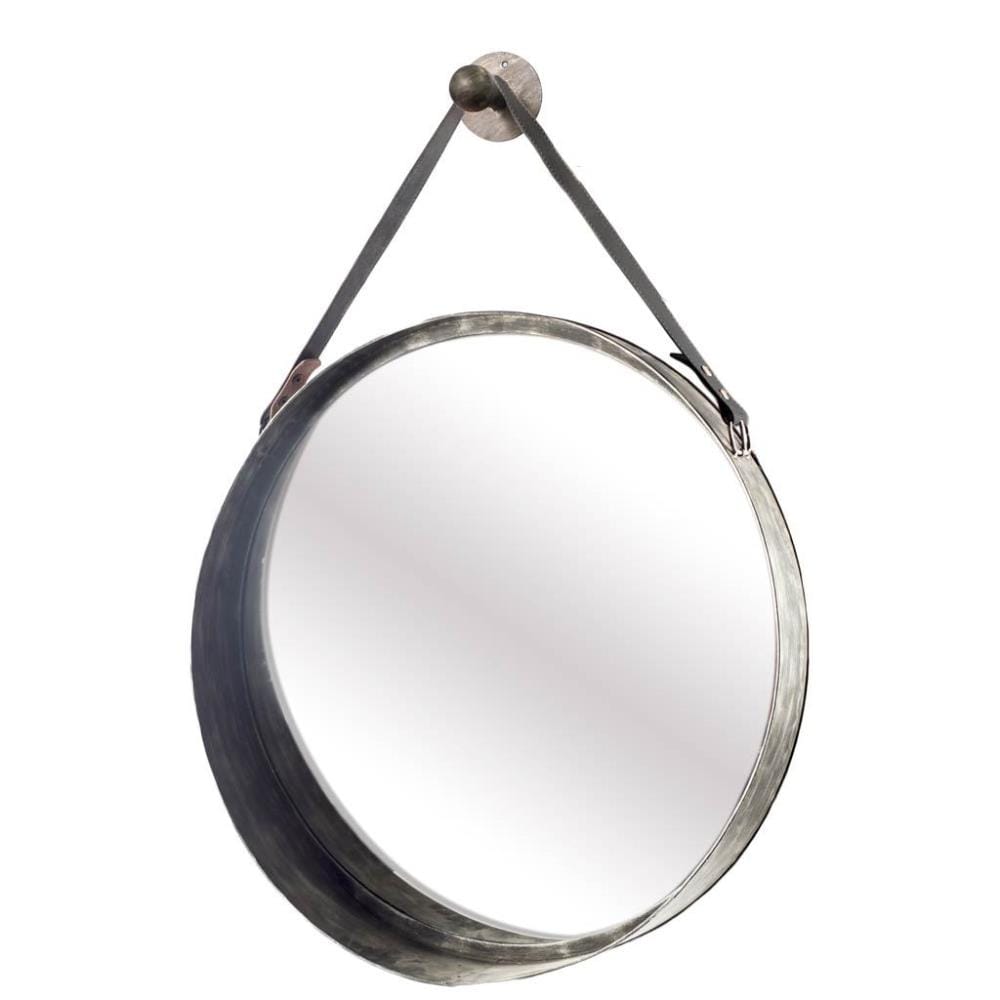 W Round Black Metal Frame, Round Mirror With Black Leather Strap