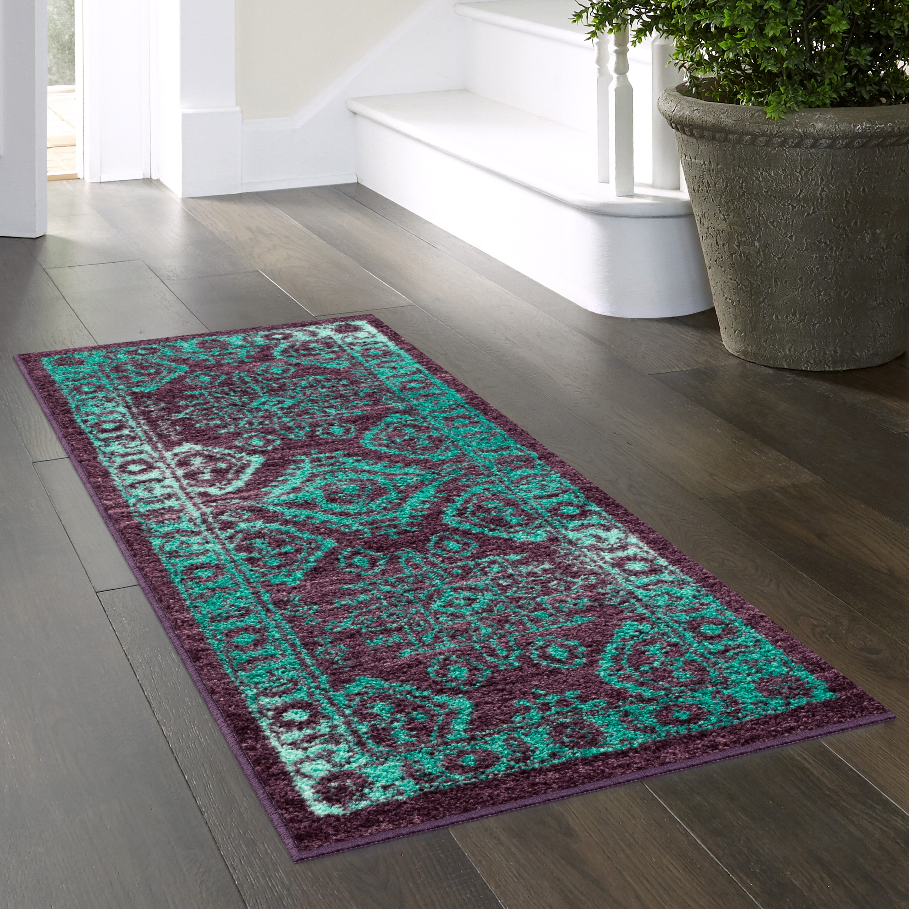 Maples Rugs B5831608 2 x 5 (ft) Tufted Polyester Wineberry/Teal Rectangular Indoor Border Bohemian/Eclectic Machine washable Runner rug