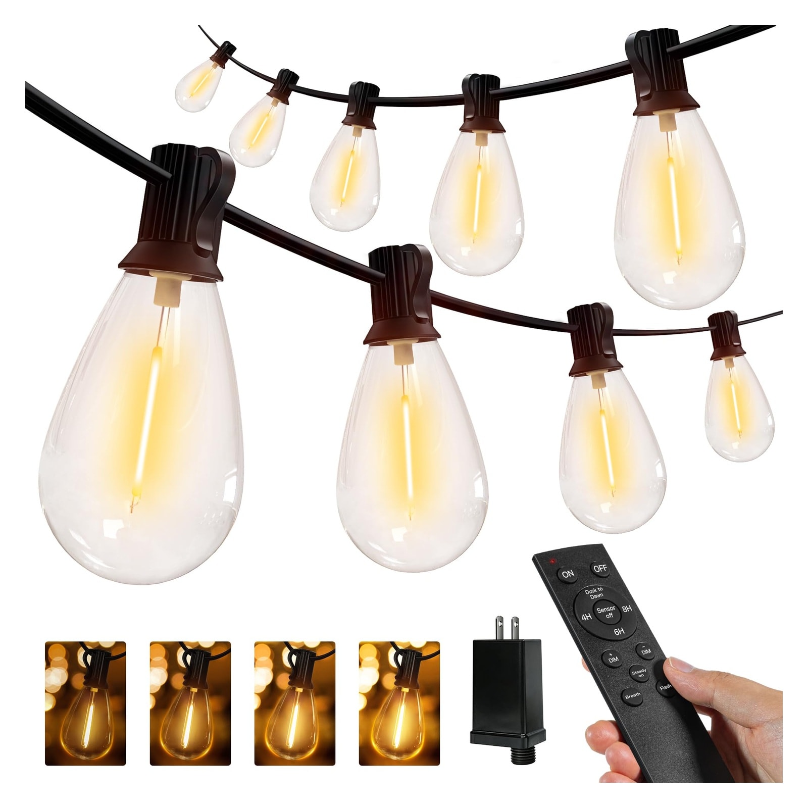  Outdoor String Lights 100FT with Remote 48 LED Bulbs Waterproof Connectable Dimmable Timer Patio Yard Bistro Lighting