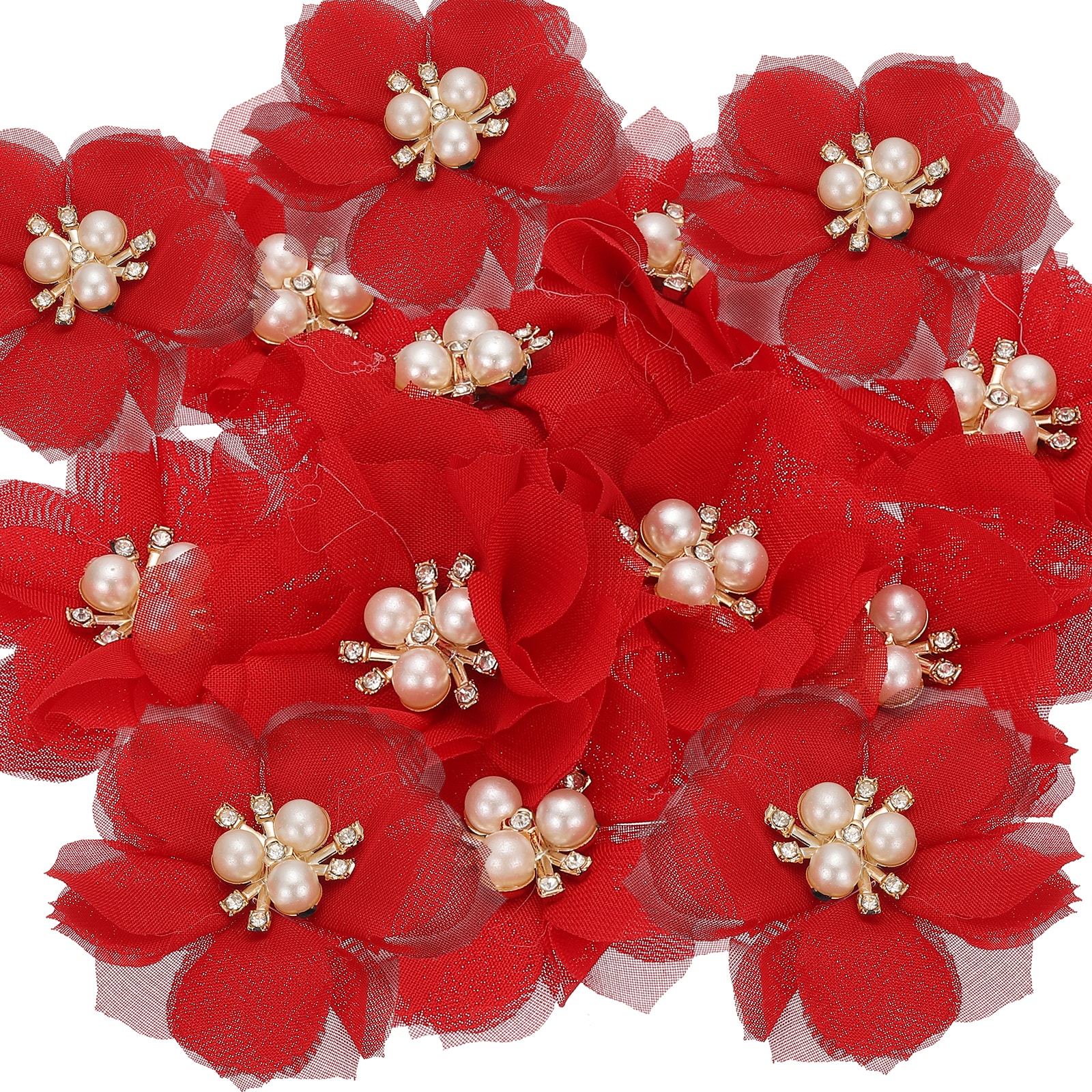 PATIKIL 2.36 Inch Rhinestone Pearl Chiffon Flower 15pcs Sewing Fabric Appliques for DIY Craft Clothing Headbands Wedding Party Decoration Red