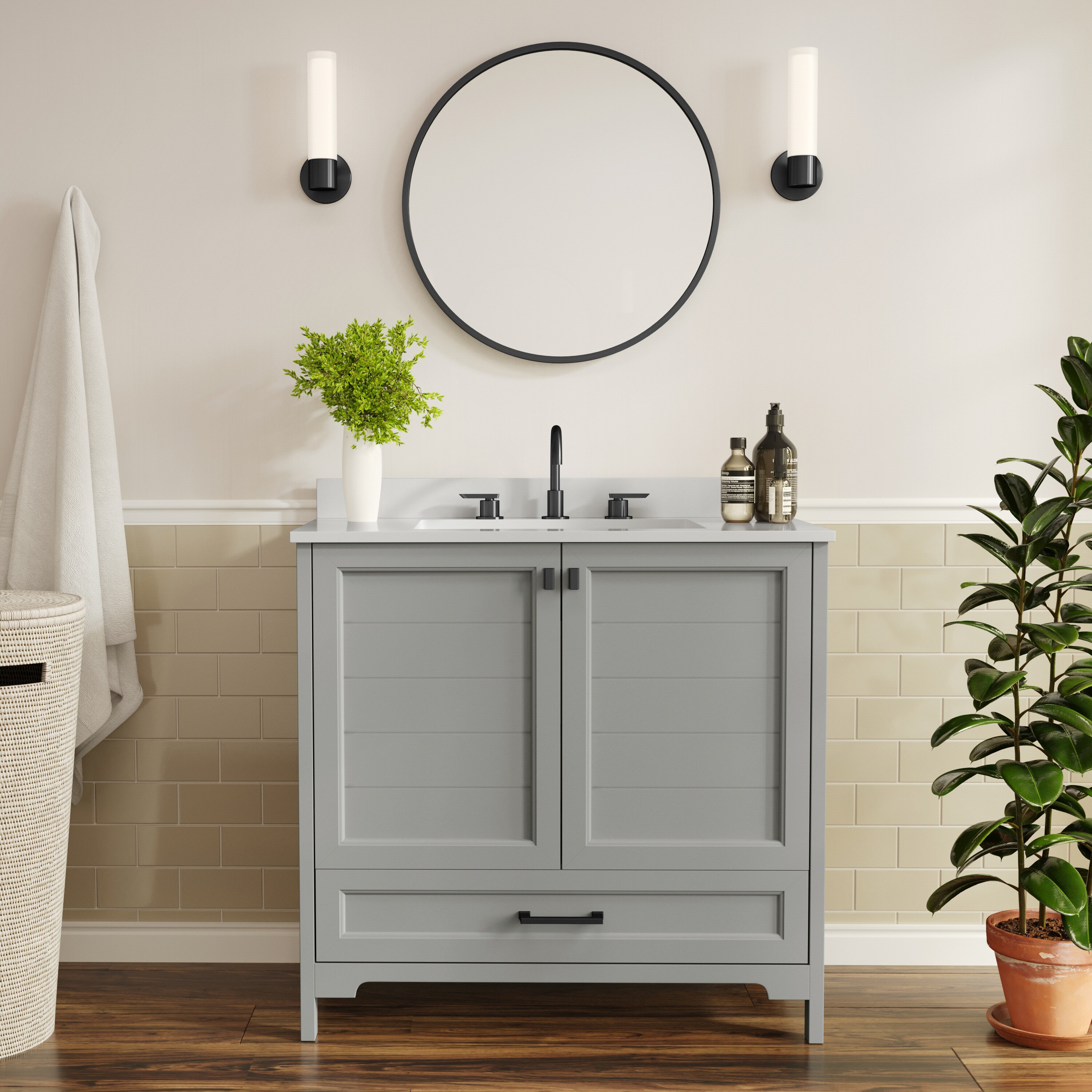 Flash Furniture 196861192968 Haven 36-in Bathroom Vanity with Sink; Storage Cabinet with Black Hardware; Soft Close Doors and Bottom Drawer; Carrara Marble Finish Countertop; Gray
