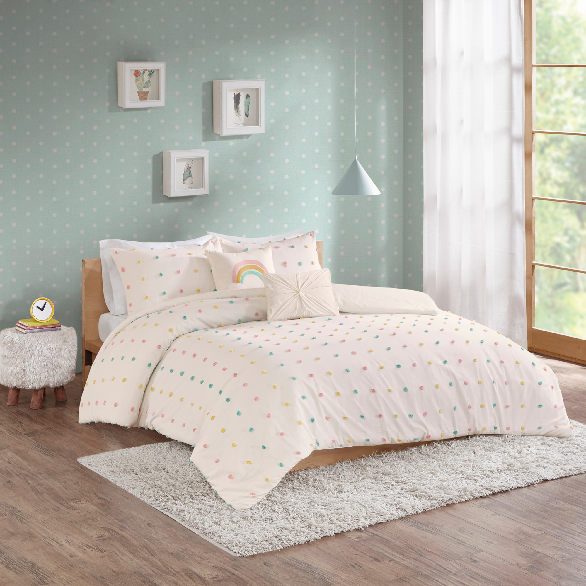 Full Multicolor Cotton Jacquard Pom Pom Comforter Set